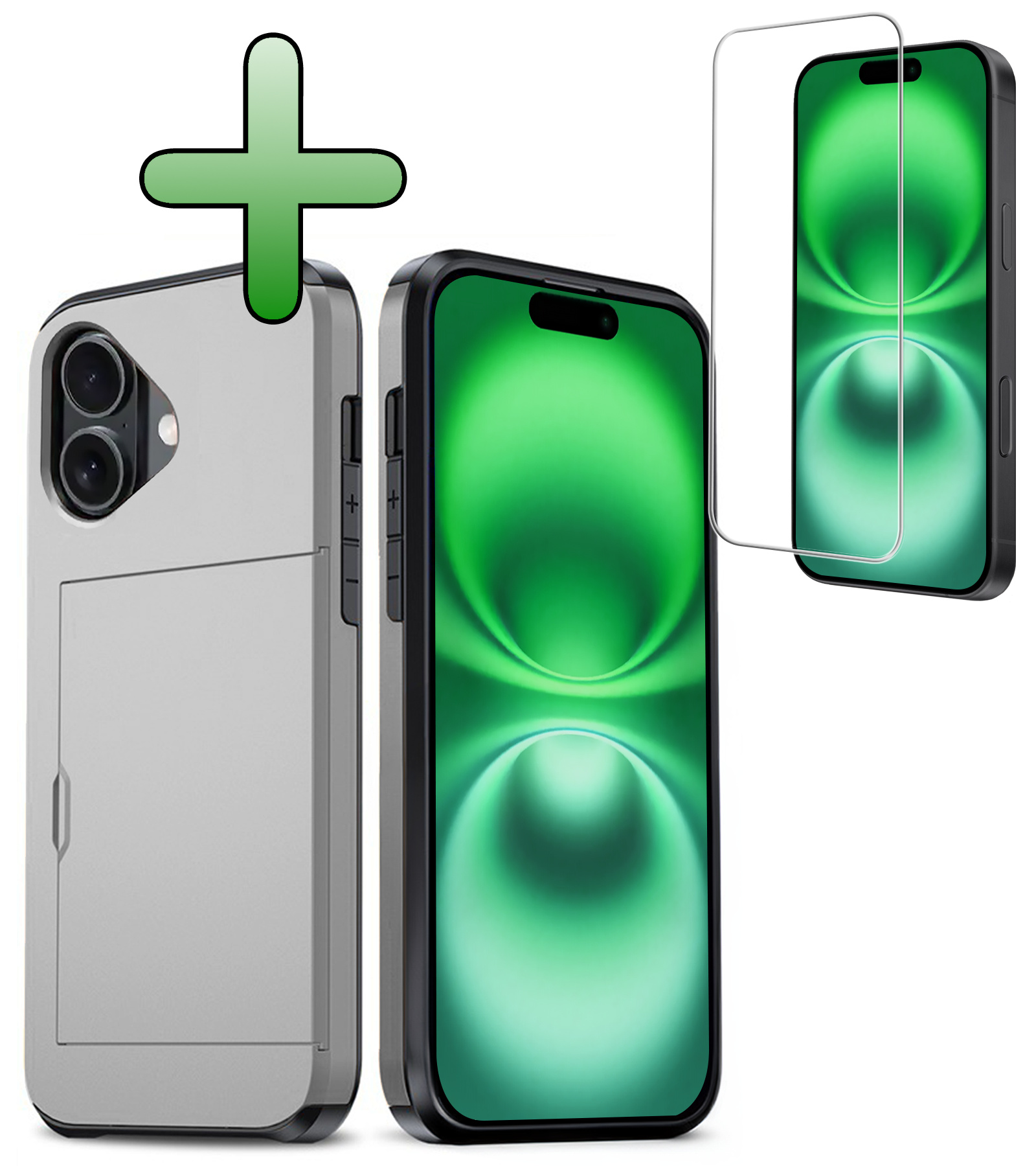 BASEY. Hoes Geschikt voor iPhone 16 Hoesje Hard Case Met Pas Houder Met Screenprotector - Hoesje Geschikt voor iPhone 16 Hoes Shockproof Hard Cover Met Kaarthouder - Grijs