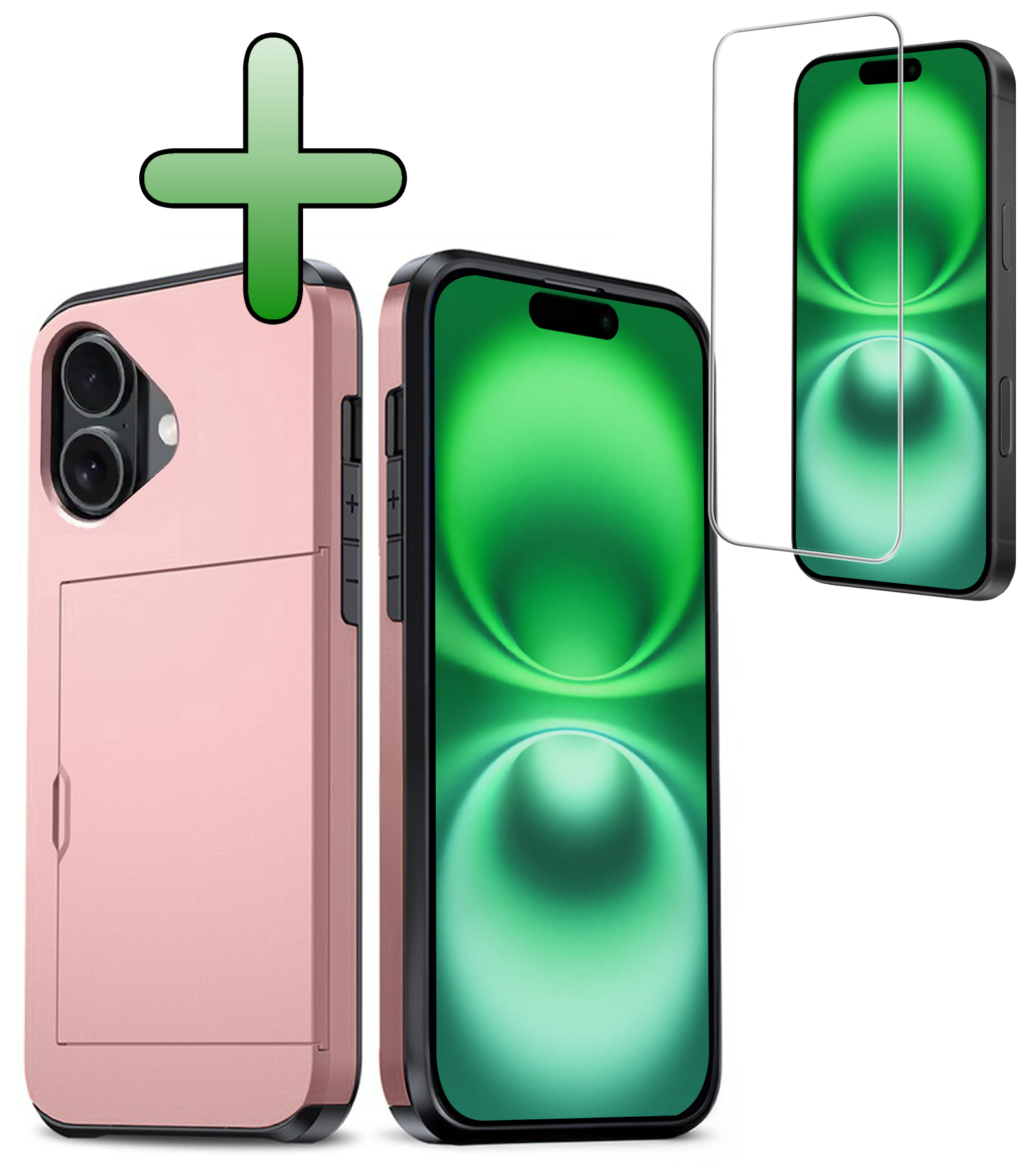 BASEY. Hoes Geschikt voor iPhone 16 Hoesje Hard Case Met Pas Houder Met Screenprotector - Hoesje Geschikt voor iPhone 16 Hoes Shockproof Hard Cover Met Kaarthouder - Rosé goud