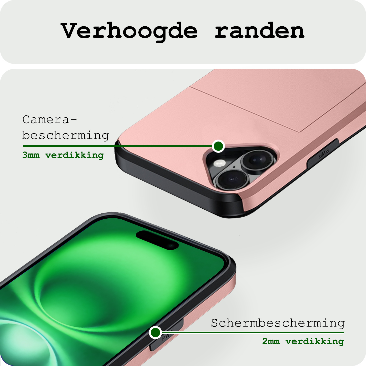 BASEY. Hoes Geschikt voor iPhone 16 Hoesje Hard Case Met Pas Houder Met Screenprotector - Hoesje Geschikt voor iPhone 16 Hoes Shockproof Hard Cover Met Kaarthouder - Rosé goud
