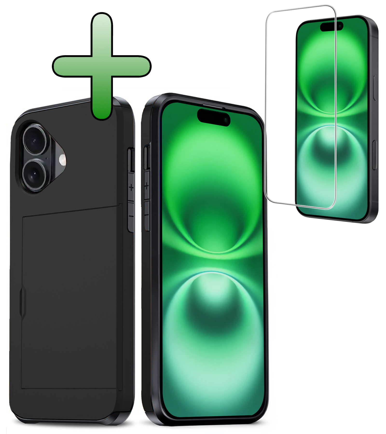 BASEY. Hoes Geschikt voor iPhone 16 Hoesje Hard Case Met Pas Houder Met Screenprotector - Hoesje Geschikt voor iPhone 16 Hoes Shockproof Hard Cover Met Kaarthouder - Zwart