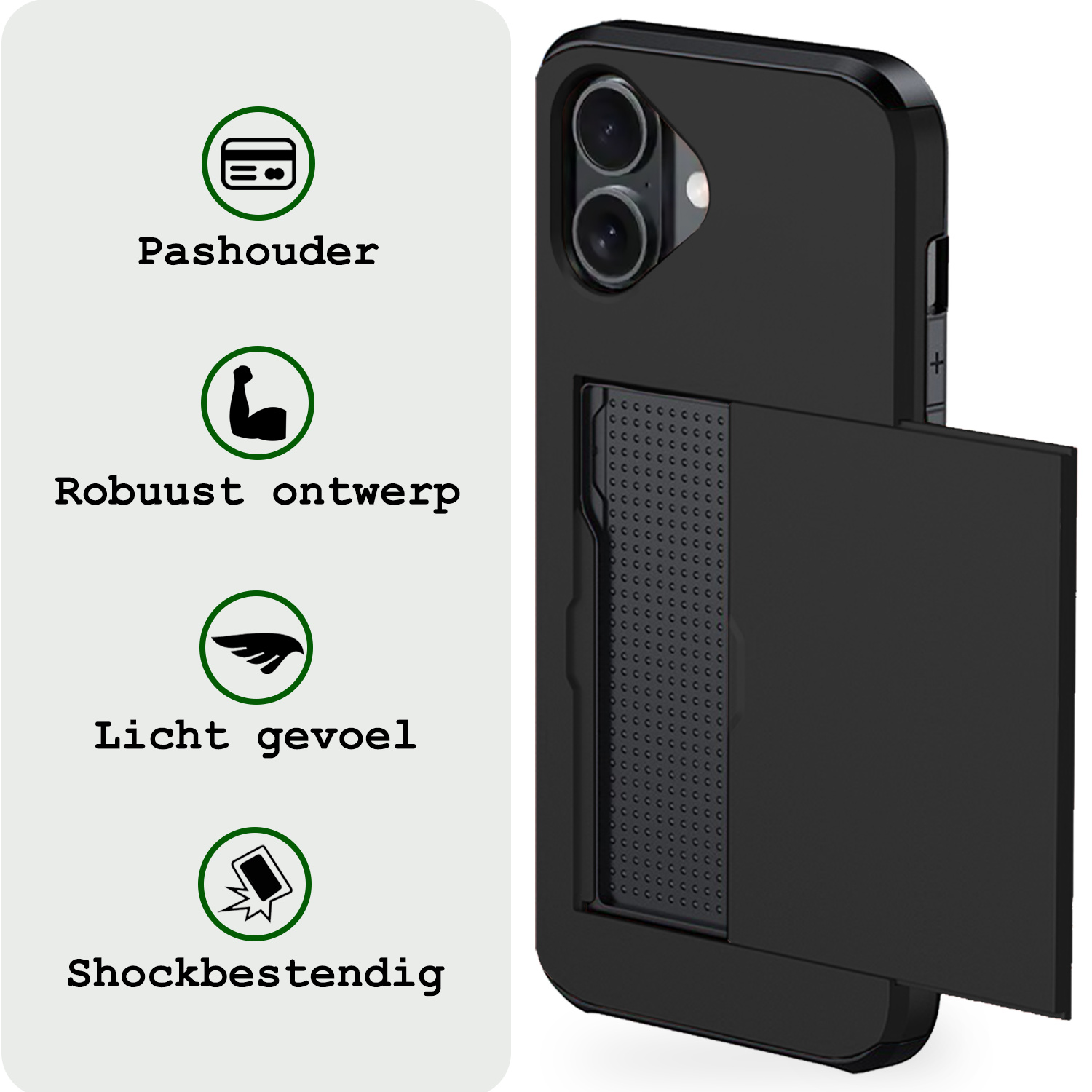 BASEY. Hoes Geschikt voor iPhone 16 Hoesje Hard Case Met Pas Houder Met Screenprotector - Hoesje Geschikt voor iPhone 16 Hoes Shockproof Hard Cover Met Kaarthouder - Zwart