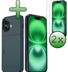 BASEY. BASEY. iPhone 16 Hoesje Pashouder Hard Met 2x Screenprotector - Donker Blauw