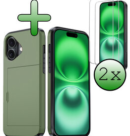 BASEY. BASEY. iPhone 16 Hoesje Pashouder Hard Met 2x Screenprotector - Donker Groen
