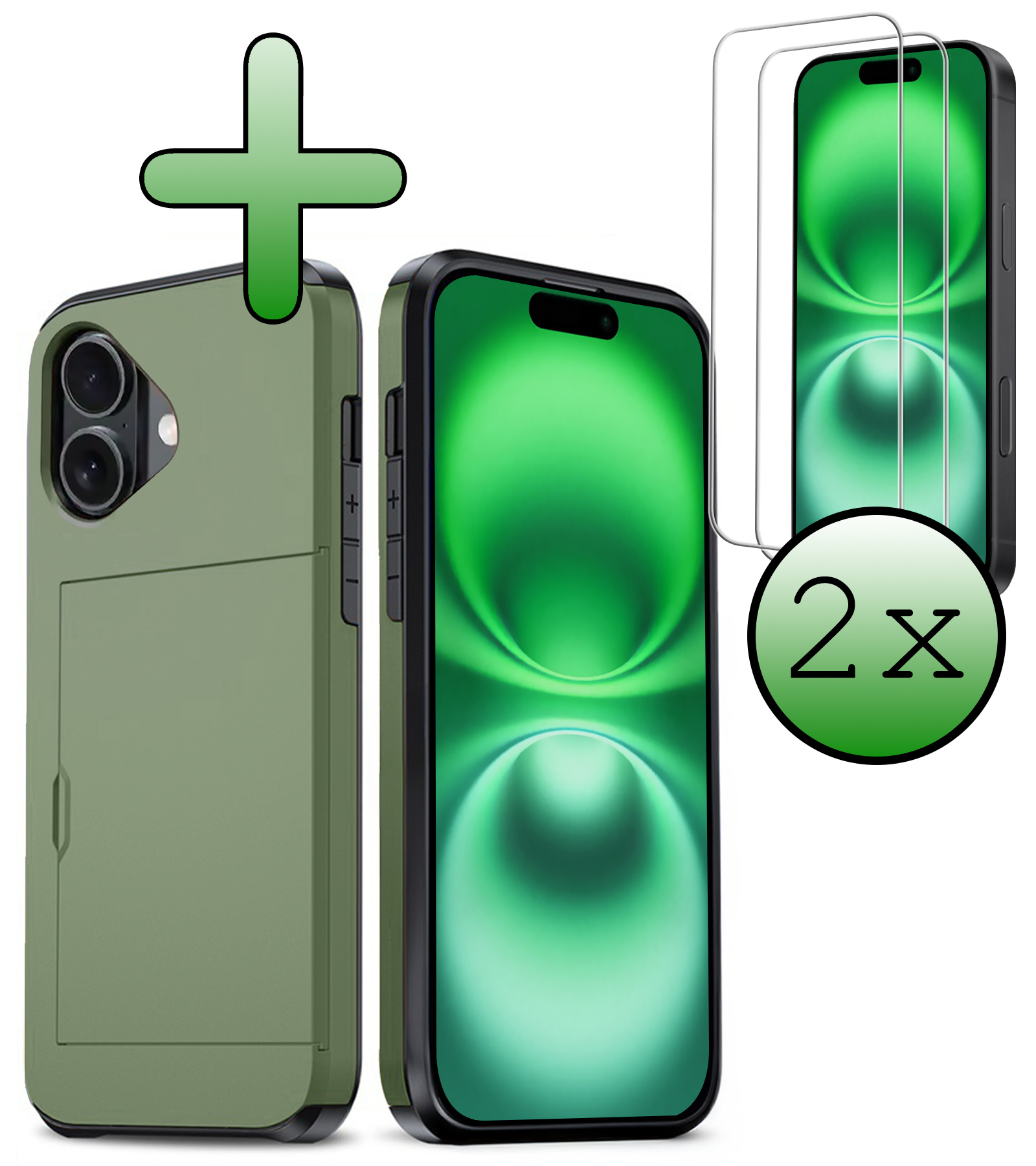 BASEY. Hoes Geschikt voor iPhone 16 Hoesje Hard Case Met Pas Houder Met 2x Screenprotector - Hoesje Geschikt voor iPhone 16 Hoes Shockproof Hard Cover Met Kaarthouder - Donkergroen