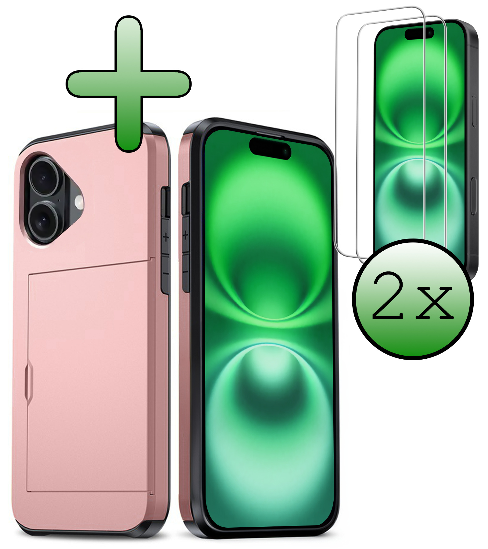 BASEY. Hoes Geschikt voor iPhone 16 Hoesje Hard Case Met Pas Houder Met 2x Screenprotector - Hoesje Geschikt voor iPhone 16 Hoes Shockproof Hard Cover Met Kaarthouder - Rosé goud
