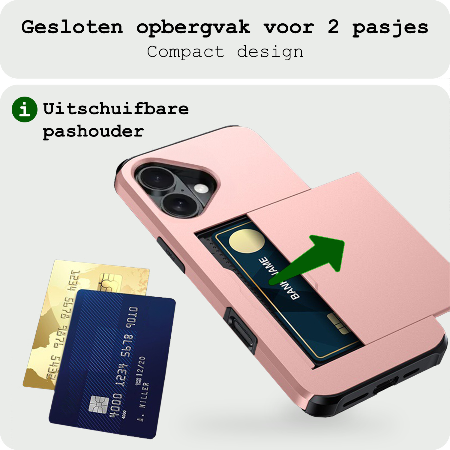 BASEY. Hoes Geschikt voor iPhone 16 Hoesje Hard Case Met Pas Houder Met 2x Screenprotector - Hoesje Geschikt voor iPhone 16 Hoes Shockproof Hard Cover Met Kaarthouder - Rosé goud