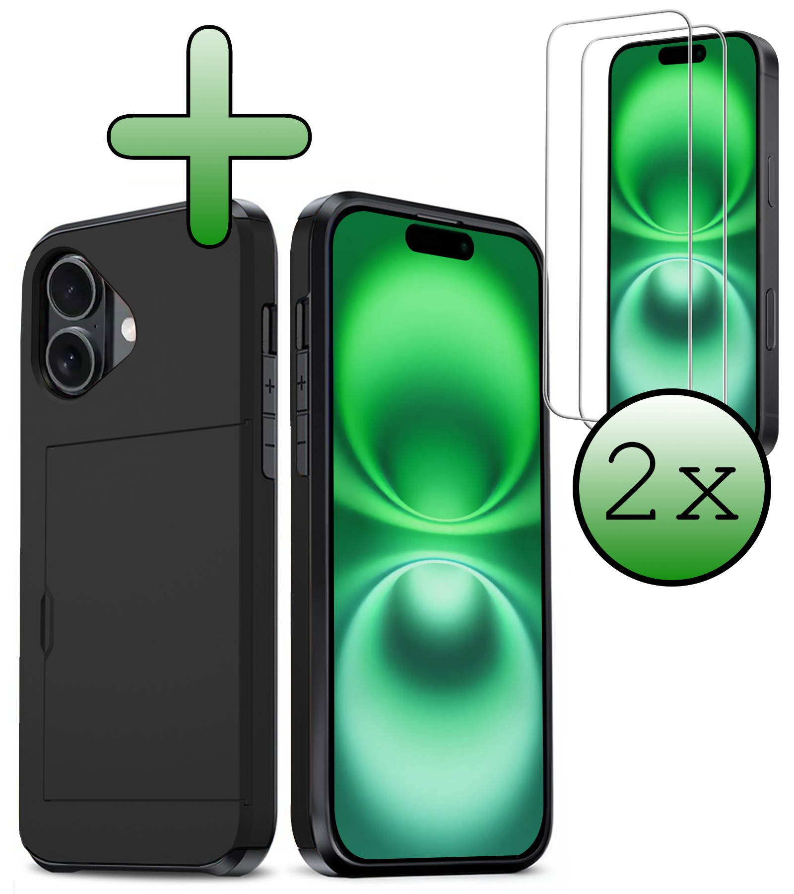 BASEY. Hoes Geschikt voor iPhone 16 Hoesje Hard Case Met Pas Houder Met 2x Screenprotector - Hoesje Geschikt voor iPhone 16 Hoes Shockproof Hard Cover Met Kaarthouder - Zwart