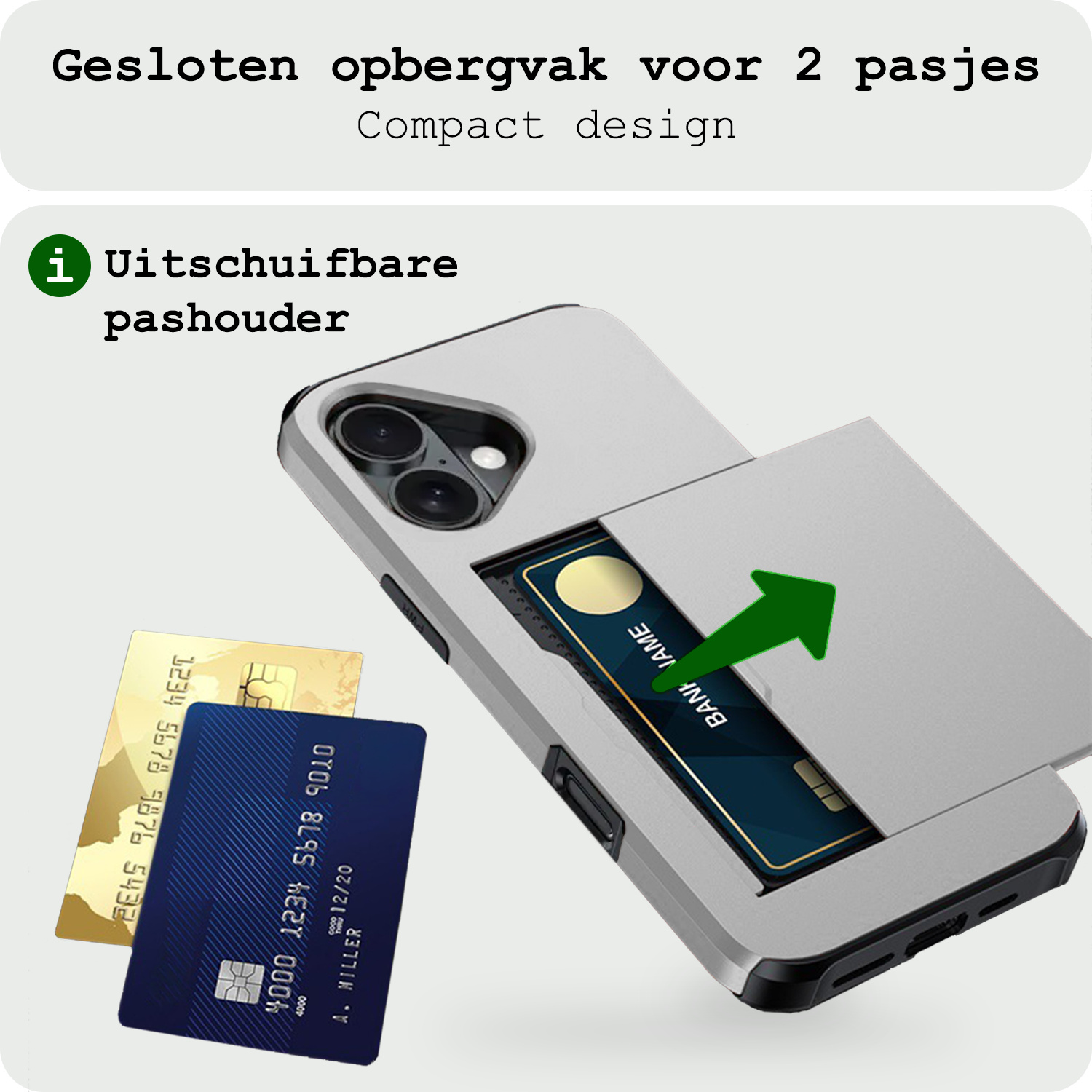 BASEY. Hoes Geschikt voor iPhone 16 Plus Hoesje Hard Case Met Pas Houder - Hoesje Geschikt voor iPhone 16 Plus Hoes Shockproof Hard Cover Met Kaarthouder - Grijs
