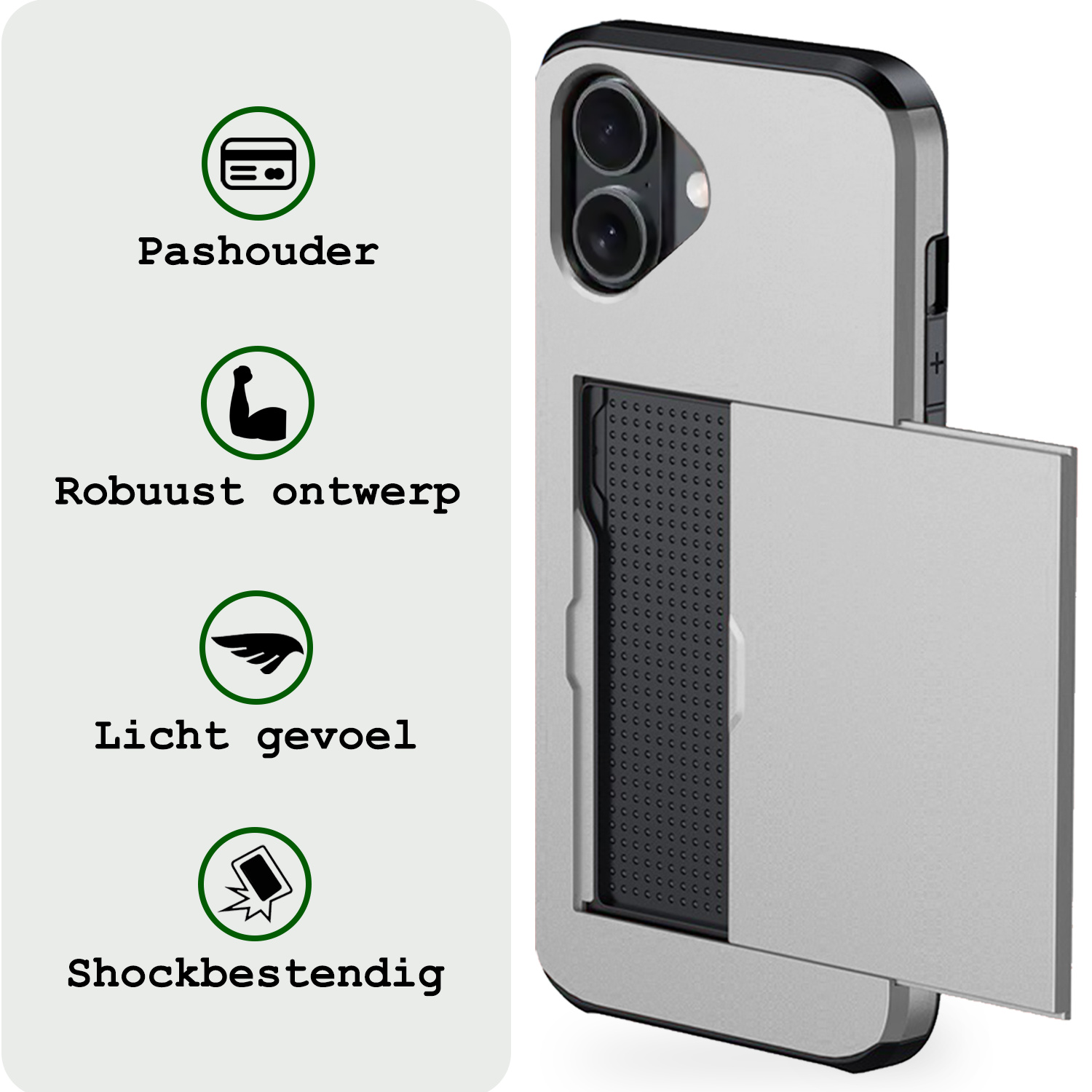 BASEY. Hoes Geschikt voor iPhone 16 Plus Hoesje Hard Case Met Pas Houder - Hoesje Geschikt voor iPhone 16 Plus Hoes Shockproof Hard Cover Met Kaarthouder - Grijs