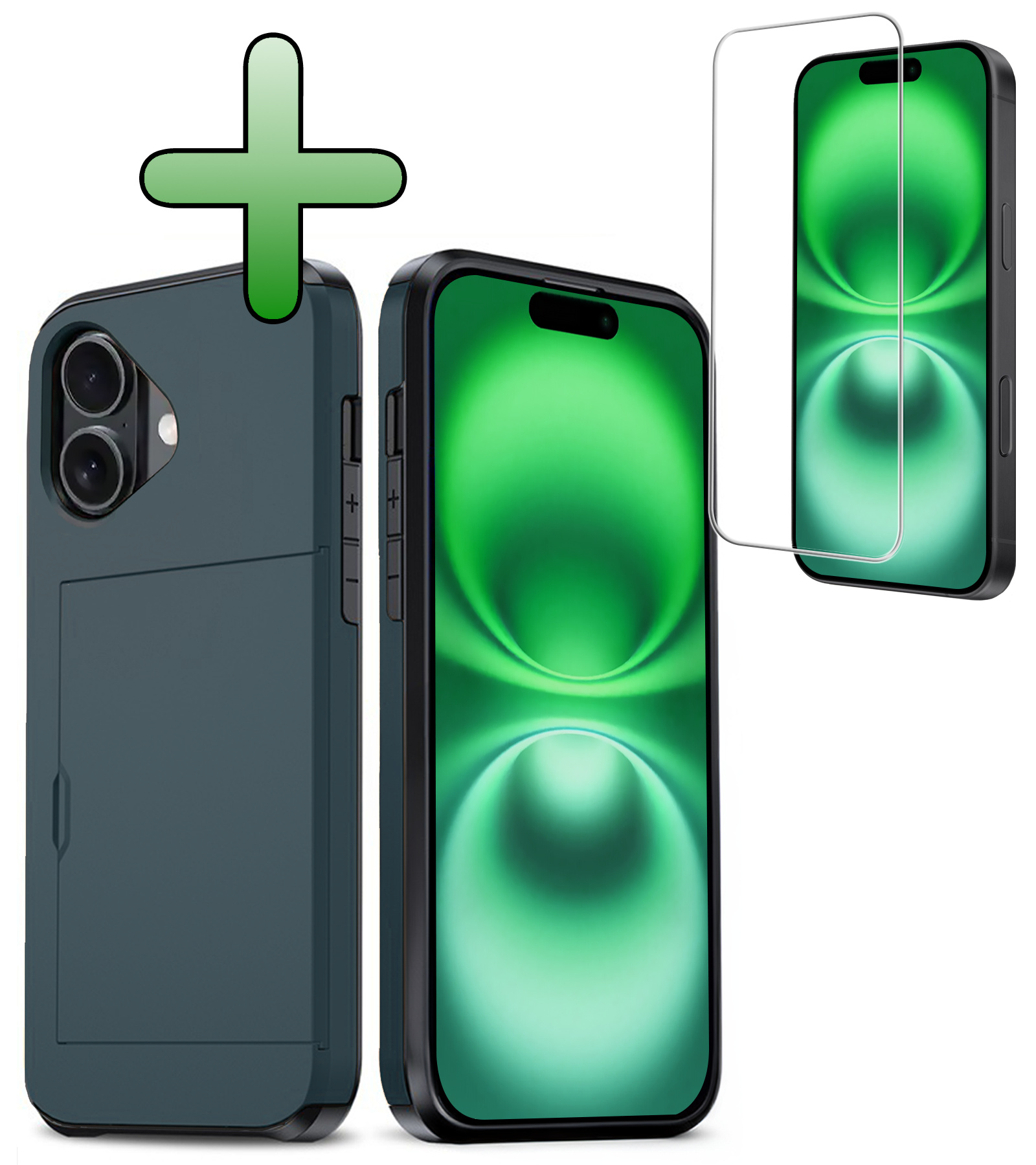 BASEY. Hoes Geschikt voor iPhone 16 Plus Hoesje Hard Case Met Pas Houder Met Screenprotector - Hoesje Geschikt voor iPhone 16 Plus Hoes Shockproof Hard Cover Met Kaarthouder - Donkerblauw