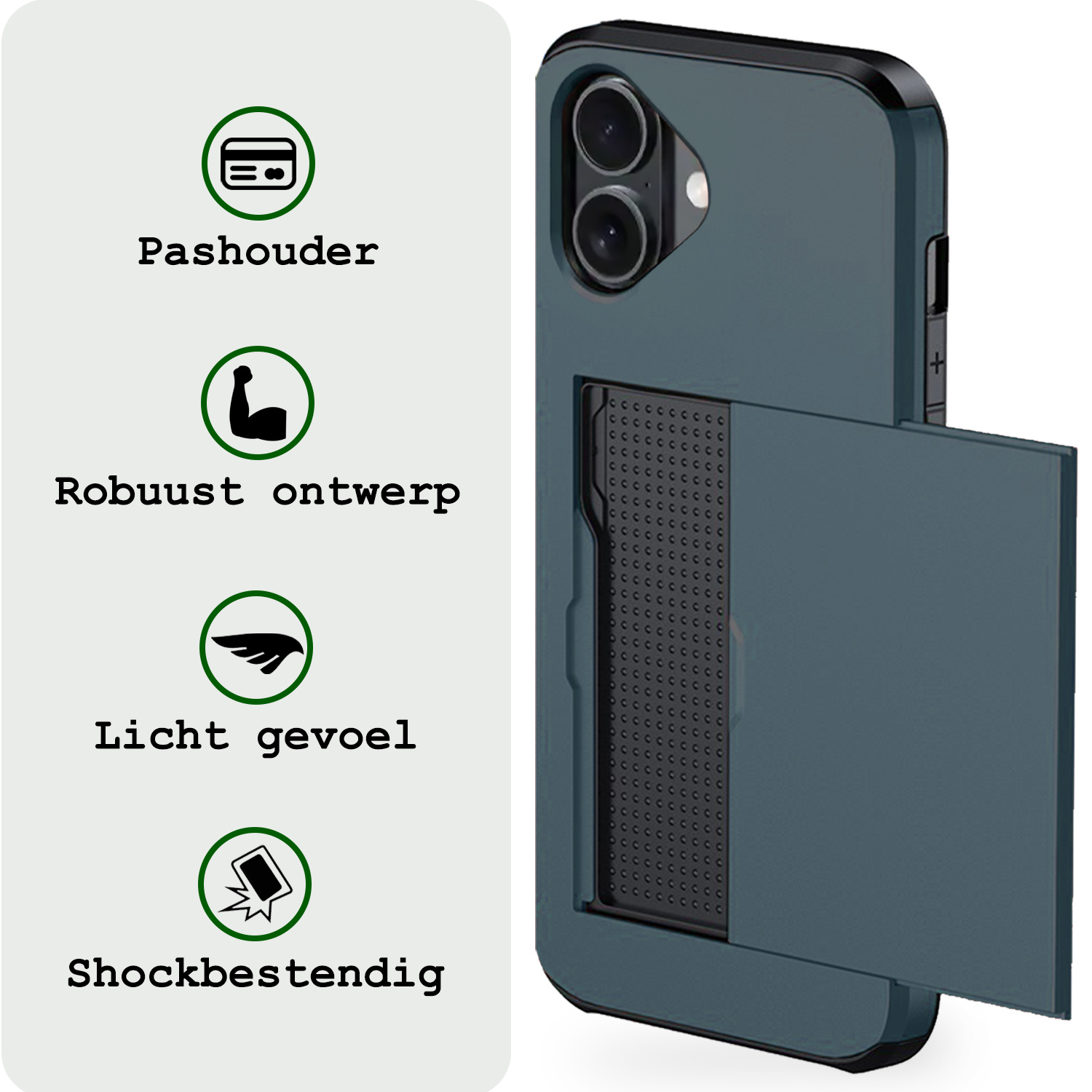 BASEY. Hoes Geschikt voor iPhone 16 Plus Hoesje Hard Case Met Pas Houder Met Screenprotector - Hoesje Geschikt voor iPhone 16 Plus Hoes Shockproof Hard Cover Met Kaarthouder - Donkerblauw