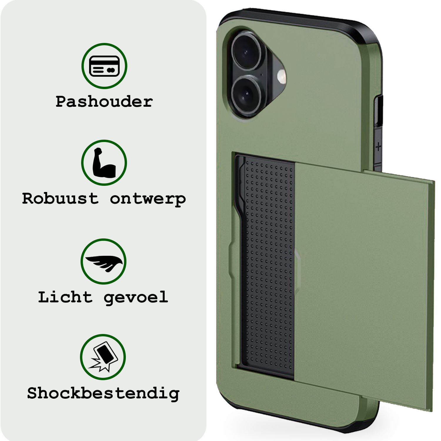 BASEY. Hoes Geschikt voor iPhone 16 Plus Hoesje Hard Case Met Pas Houder Met Screenprotector - Hoesje Geschikt voor iPhone 16 Plus Hoes Shockproof Hard Cover Met Kaarthouder - Donkergroen