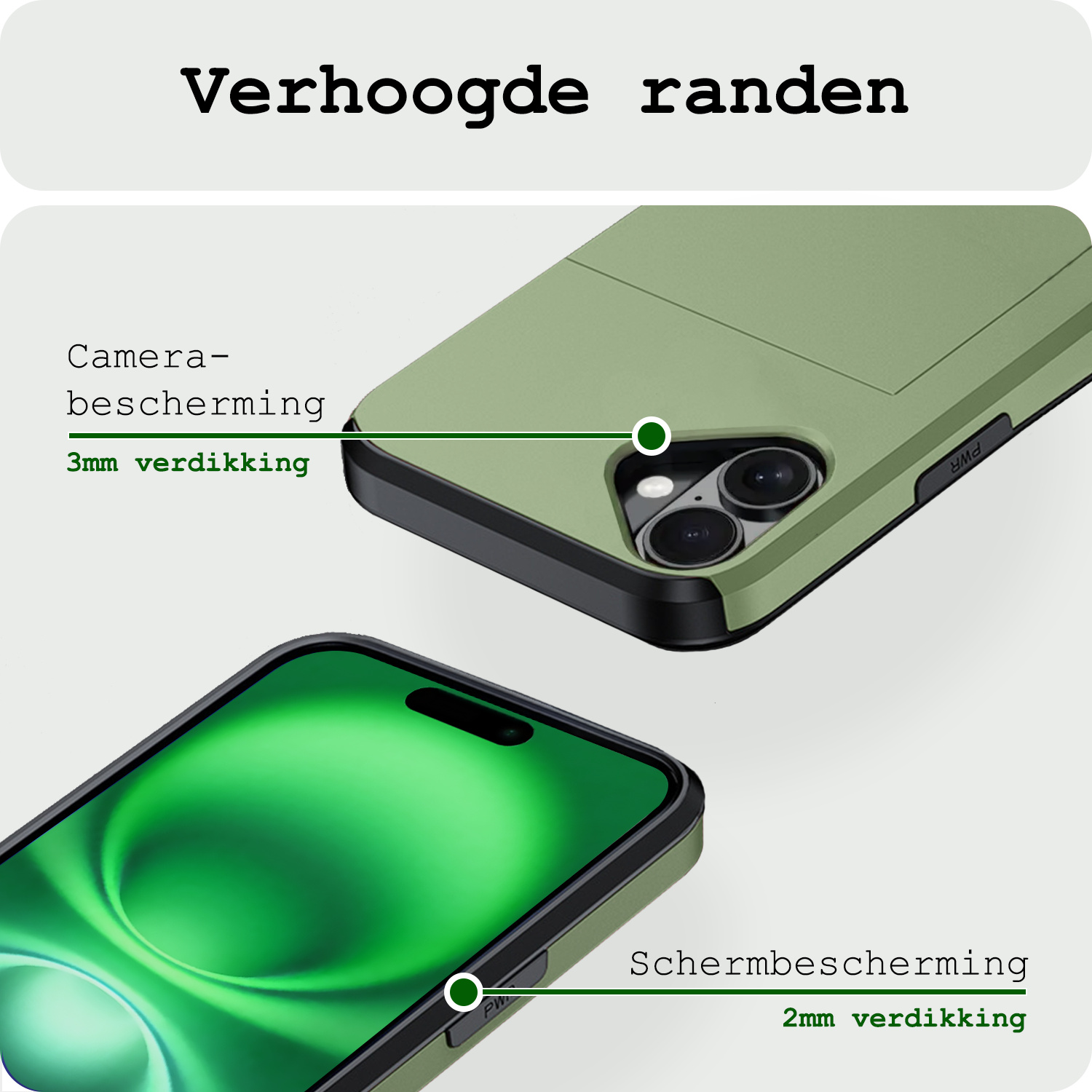 BASEY. Hoes Geschikt voor iPhone 16 Plus Hoesje Hard Case Met Pas Houder Met Screenprotector - Hoesje Geschikt voor iPhone 16 Plus Hoes Shockproof Hard Cover Met Kaarthouder - Donkergroen