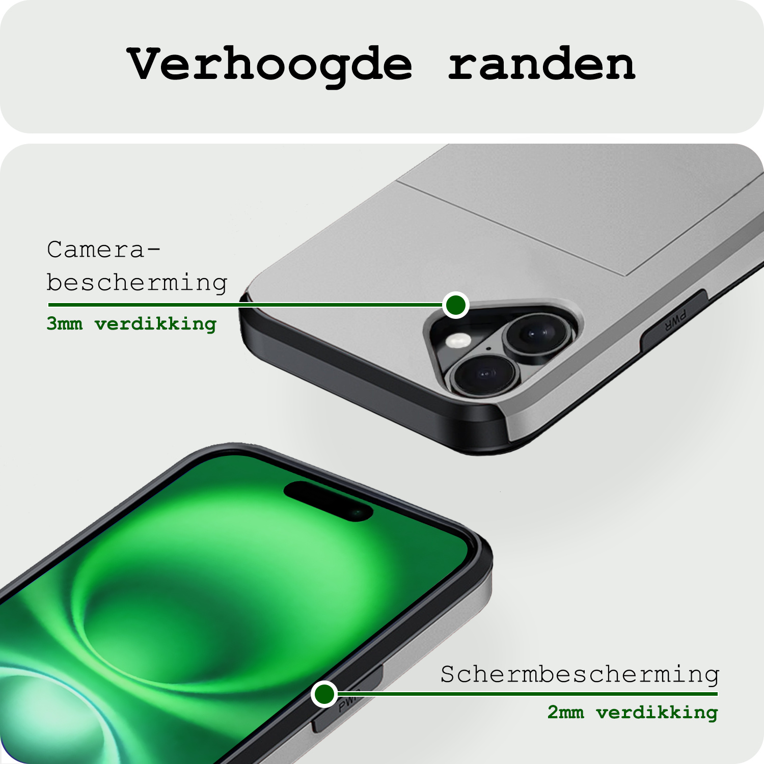 BASEY. Hoes Geschikt voor iPhone 16 Plus Hoesje Hard Case Met Pas Houder Met Screenprotector - Hoesje Geschikt voor iPhone 16 Plus Hoes Shockproof Hard Cover Met Kaarthouder - Grijs