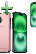 BASEY. Hoes Geschikt voor iPhone 16 Plus Hoesje Hard Case Met Pas Houder Met Screenprotector - Hoesje Geschikt voor iPhone 16 Plus Hoes Shockproof Hard Cover Met Kaarthouder - Rosé goud