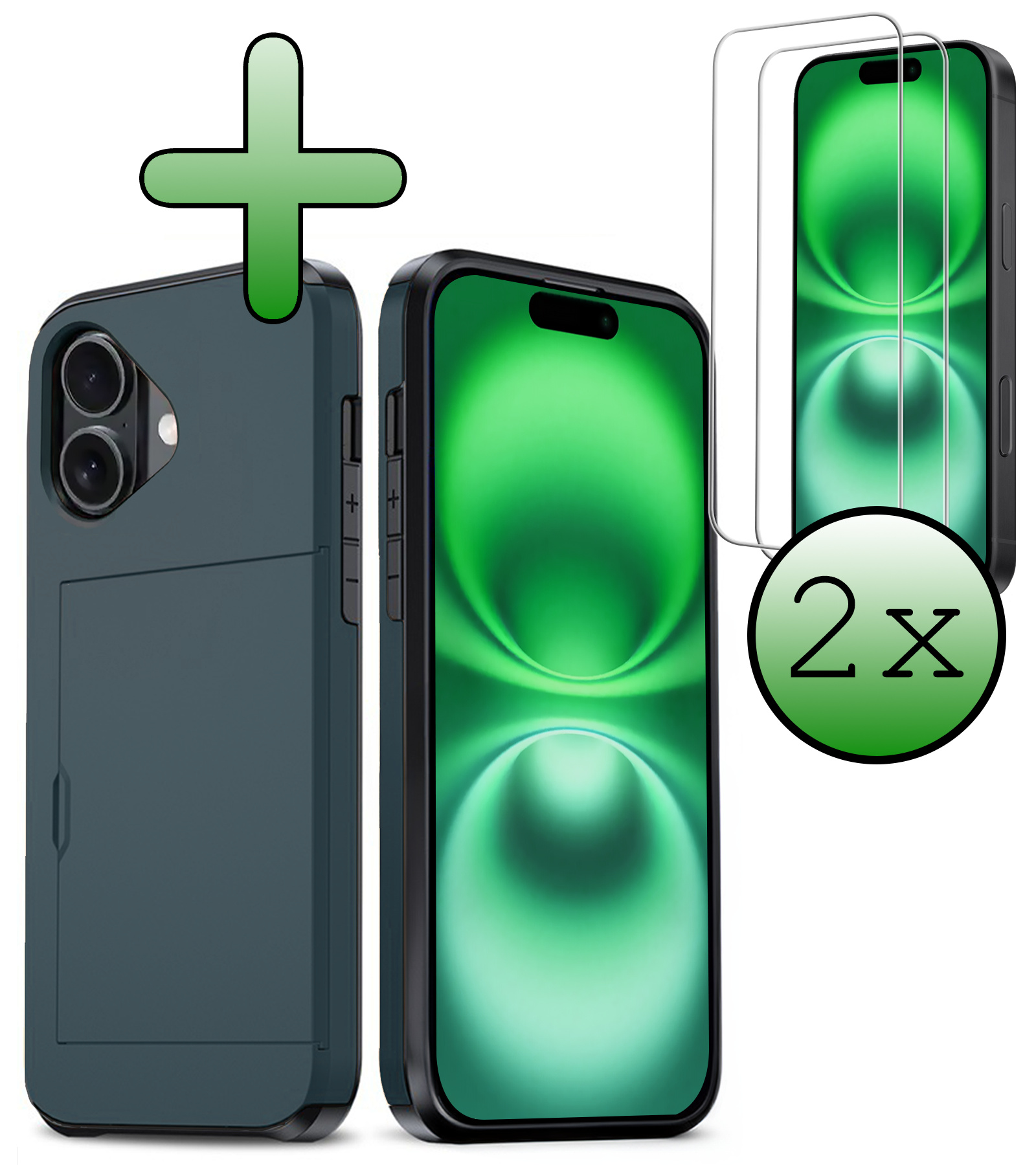 BASEY. Hoes Geschikt voor iPhone 16 Plus Hoesje Hard Case Met Pas Houder Met 2x Screenprotector - Hoesje Geschikt voor iPhone 16 Plus Hoes Shockproof Hard Cover Met Kaarthouder - Donkerblauw