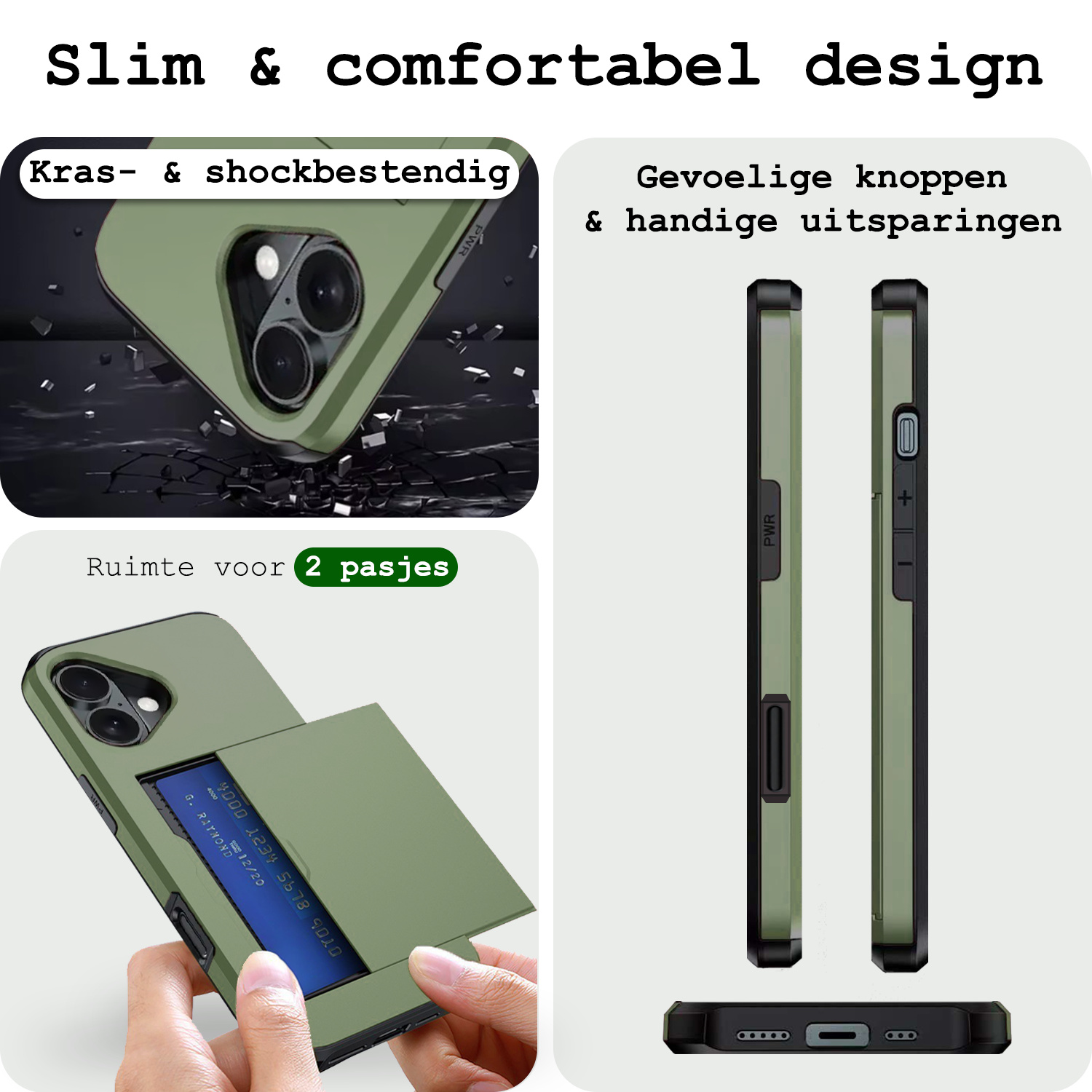 BASEY. Hoes Geschikt voor iPhone 16 Plus Hoesje Hard Case Met Pas Houder Met 2x Screenprotector - Hoesje Geschikt voor iPhone 16 Plus Hoes Shockproof Hard Cover Met Kaarthouder - Donkergroen