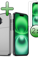 BASEY. Hoes Geschikt voor iPhone 16 Plus Hoesje Hard Case Met Pas Houder Met 2x Screenprotector - Hoesje Geschikt voor iPhone 16 Plus Hoes Shockproof Hard Cover Met Kaarthouder - Grijs