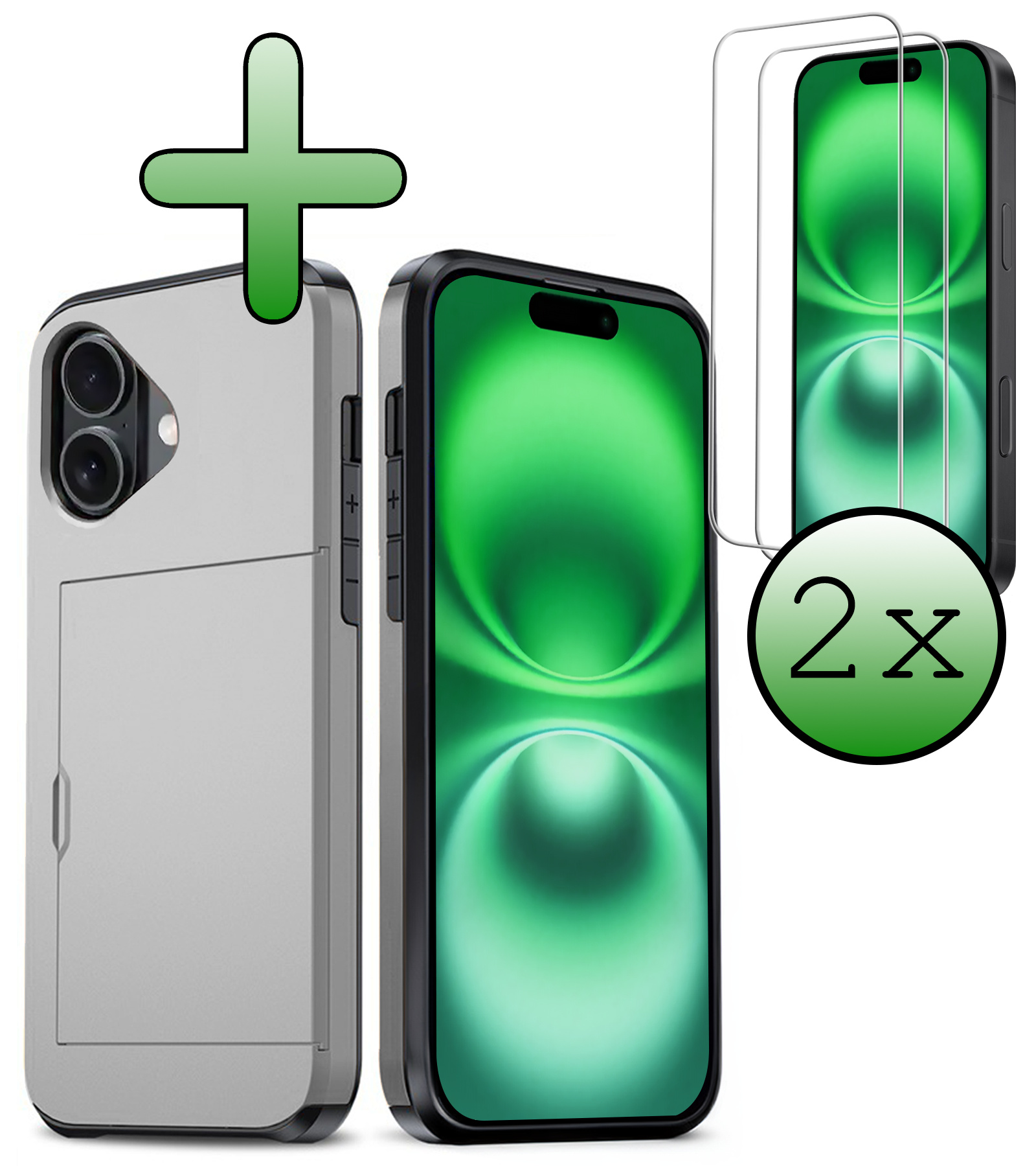 BASEY. Hoes Geschikt voor iPhone 16 Plus Hoesje Hard Case Met Pas Houder Met 2x Screenprotector - Hoesje Geschikt voor iPhone 16 Plus Hoes Shockproof Hard Cover Met Kaarthouder - Grijs