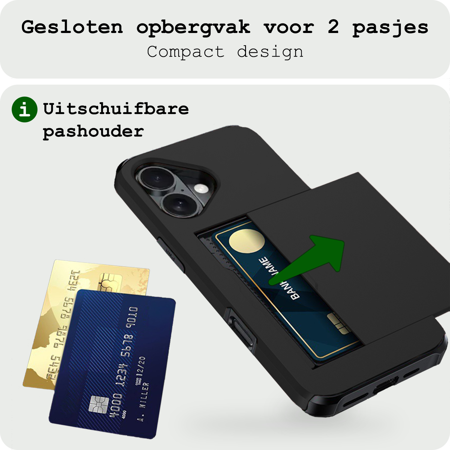 BASEY. Hoes Geschikt voor iPhone 16 Plus Hoesje Hard Case Met Pas Houder Met 2x Screenprotector - Hoesje Geschikt voor iPhone 16 Plus Hoes Shockproof Hard Cover Met Kaarthouder - Zwart