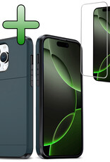 BASEY. Hoes Geschikt voor iPhone 16 Pro Hoesje Hard Case Met Pas Houder Met Screenprotector - Hoesje Geschikt voor iPhone 16 Pro Hoes Shockproof Hard Cover Met Kaarthouder - Donkerblauw