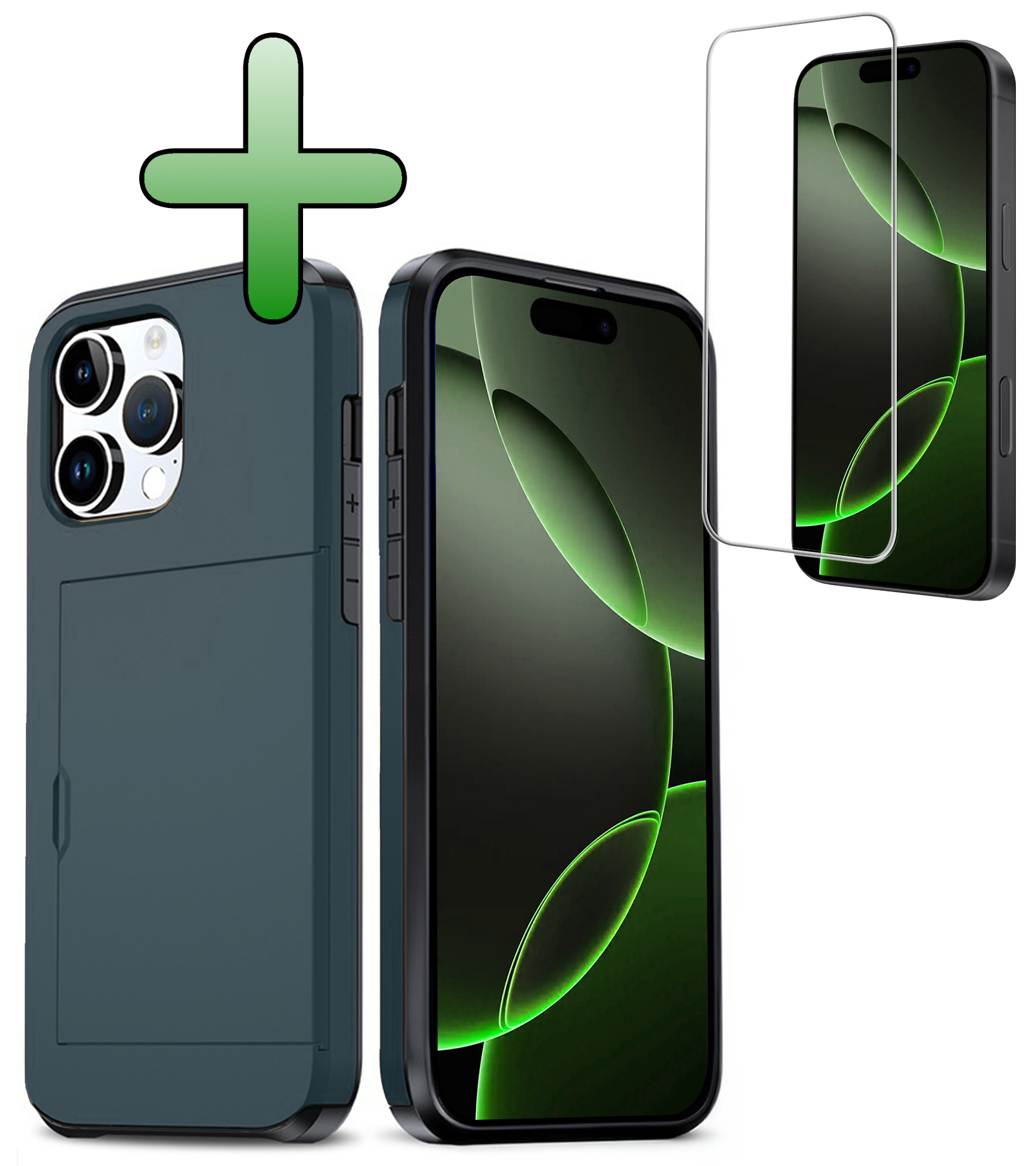 BASEY. Hoes Geschikt voor iPhone 16 Pro Hoesje Hard Case Met Pas Houder Met Screenprotector - Hoesje Geschikt voor iPhone 16 Pro Hoes Shockproof Hard Cover Met Kaarthouder - Donkerblauw
