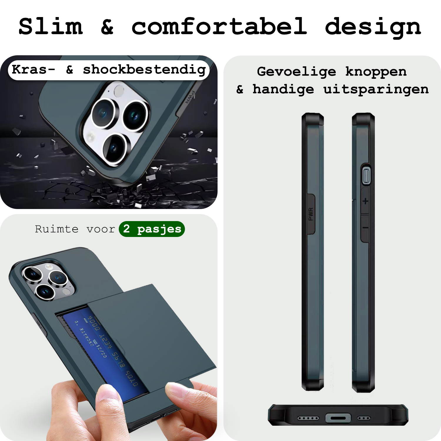 BASEY. Hoes Geschikt voor iPhone 16 Pro Hoesje Hard Case Met Pas Houder Met Screenprotector - Hoesje Geschikt voor iPhone 16 Pro Hoes Shockproof Hard Cover Met Kaarthouder - Donkerblauw