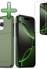 BASEY. Hoes Geschikt voor iPhone 16 Pro Hoesje Hard Case Met Pas Houder Met Screenprotector - Hoesje Geschikt voor iPhone 16 Pro Hoes Shockproof Hard Cover Met Kaarthouder - Donkergroen