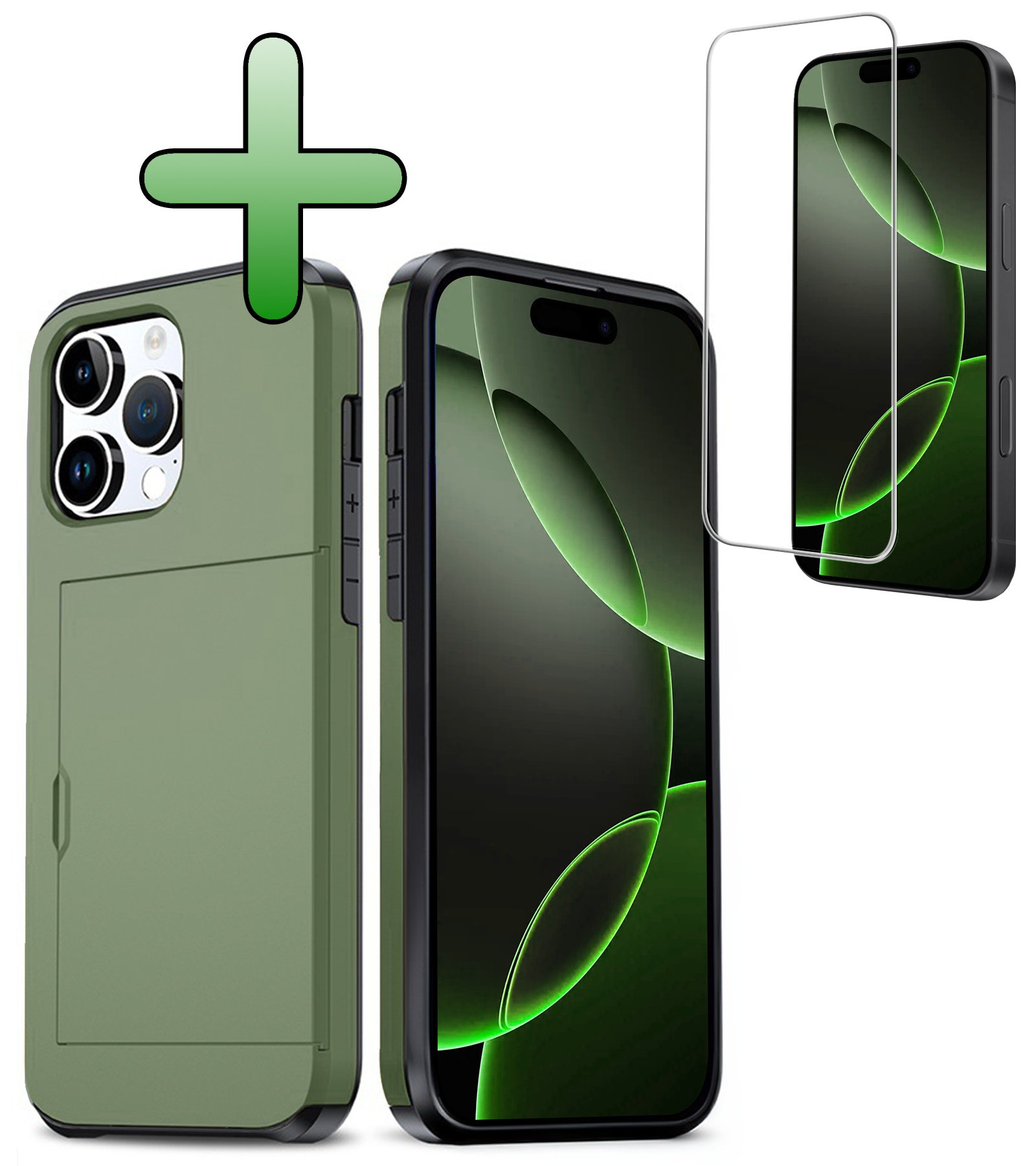 BASEY. Hoes Geschikt voor iPhone 16 Pro Hoesje Hard Case Met Pas Houder Met Screenprotector - Hoesje Geschikt voor iPhone 16 Pro Hoes Shockproof Hard Cover Met Kaarthouder - Donkergroen