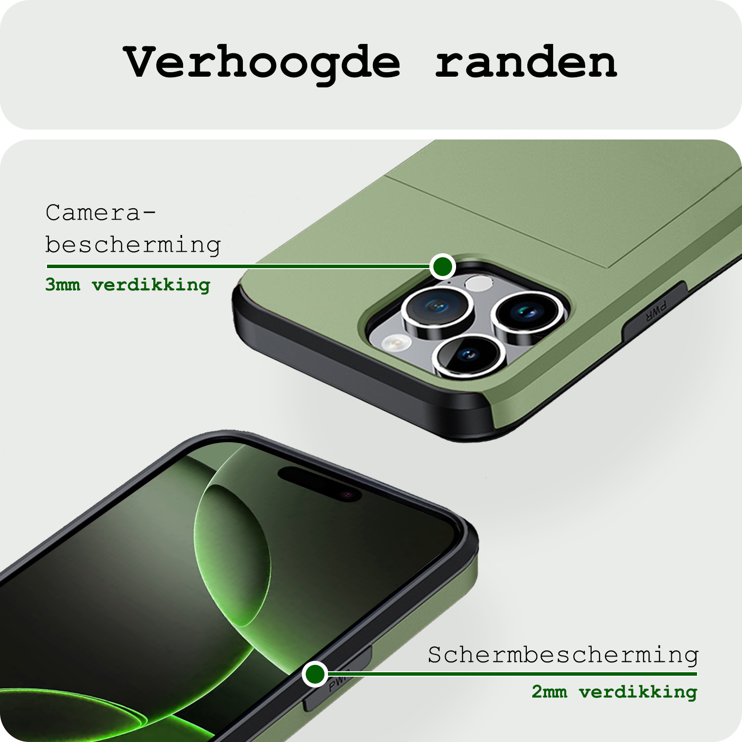 BASEY. Hoes Geschikt voor iPhone 16 Pro Hoesje Hard Case Met Pas Houder Met Screenprotector - Hoesje Geschikt voor iPhone 16 Pro Hoes Shockproof Hard Cover Met Kaarthouder - Donkergroen