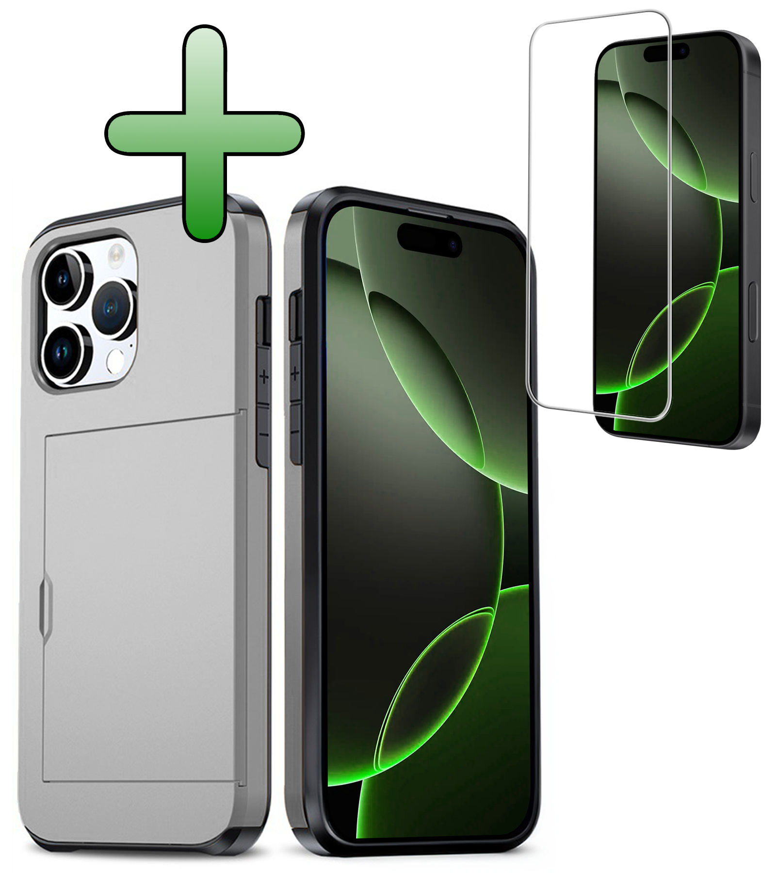 BASEY. Hoes Geschikt voor iPhone 16 Pro Hoesje Hard Case Met Pas Houder Met Screenprotector - Hoesje Geschikt voor iPhone 16 Pro Hoes Shockproof Hard Cover Met Kaarthouder - Grijs