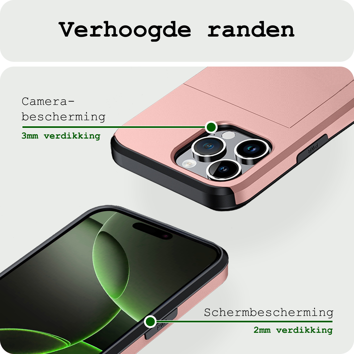 BASEY. Hoes Geschikt voor iPhone 16 Pro Hoesje Hard Case Met Pas Houder Met Screenprotector - Hoesje Geschikt voor iPhone 16 Pro Hoes Shockproof Hard Cover Met Kaarthouder - Rosé goud