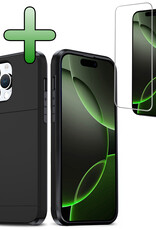 BASEY. Hoes Geschikt voor iPhone 16 Pro Hoesje Hard Case Met Pas Houder Met Screenprotector - Hoesje Geschikt voor iPhone 16 Pro Hoes Shockproof Hard Cover Met Kaarthouder - Zwart