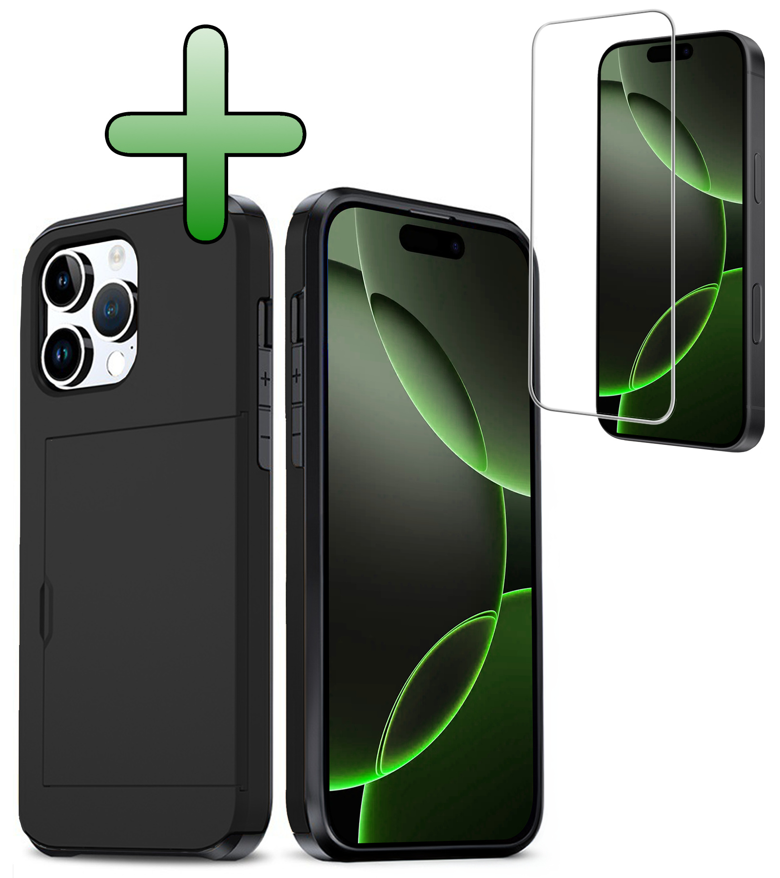 BASEY. Hoes Geschikt voor iPhone 16 Pro Hoesje Hard Case Met Pas Houder Met Screenprotector - Hoesje Geschikt voor iPhone 16 Pro Hoes Shockproof Hard Cover Met Kaarthouder - Zwart