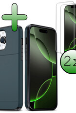 BASEY. Hoes Geschikt voor iPhone 16 Pro Hoesje Hard Case Met Pas Houder Met 2x Screenprotector - Hoesje Geschikt voor iPhone 16 Pro Hoes Shockproof Hard Cover Met Kaarthouder - Donkerblauw