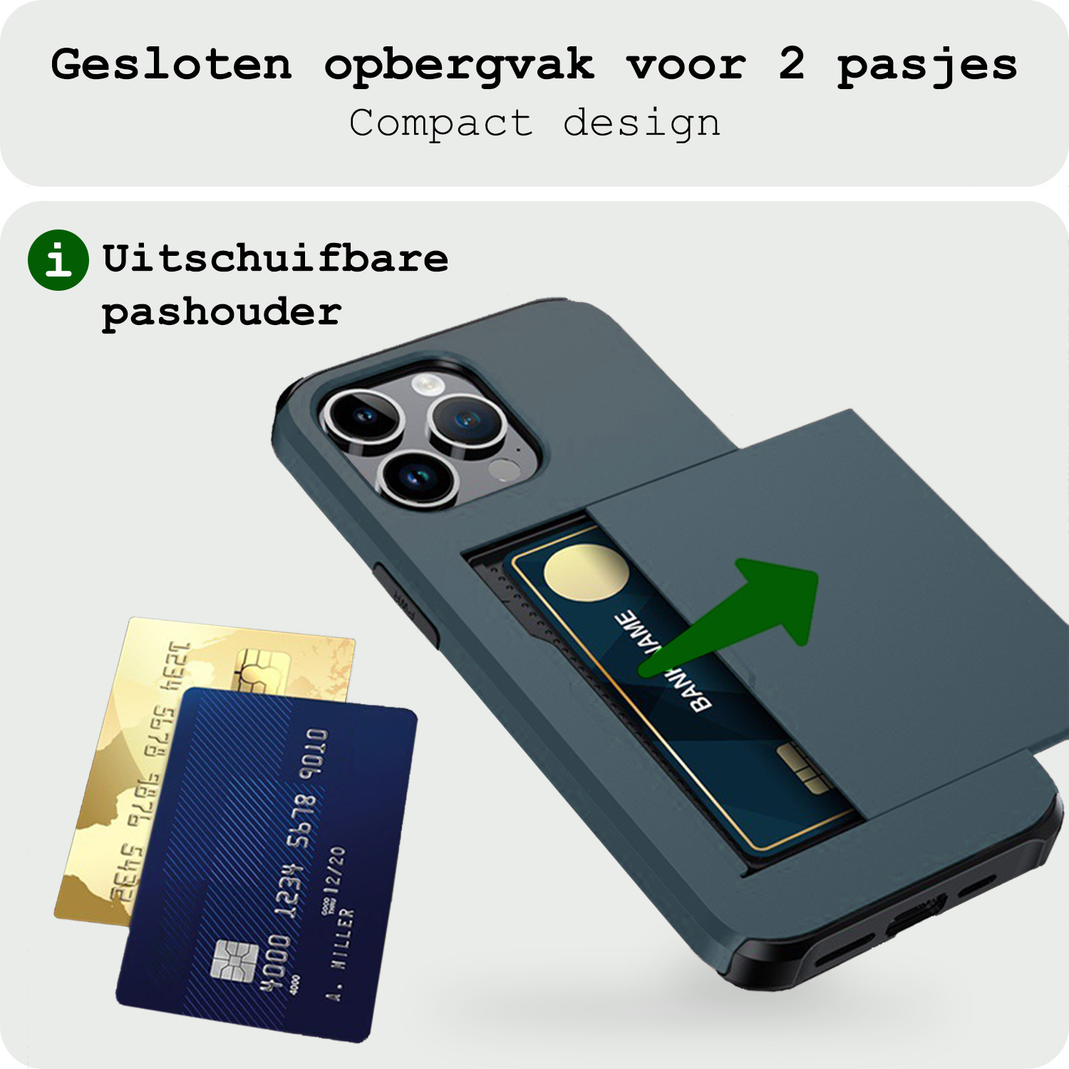 BASEY. Hoes Geschikt voor iPhone 16 Pro Hoesje Hard Case Met Pas Houder Met 2x Screenprotector - Hoesje Geschikt voor iPhone 16 Pro Hoes Shockproof Hard Cover Met Kaarthouder - Donkerblauw