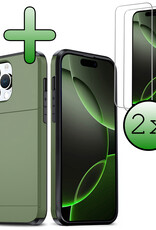 BASEY. Hoes Geschikt voor iPhone 16 Pro Hoesje Hard Case Met Pas Houder Met 2x Screenprotector - Hoesje Geschikt voor iPhone 16 Pro Hoes Shockproof Hard Cover Met Kaarthouder - Donkergroen