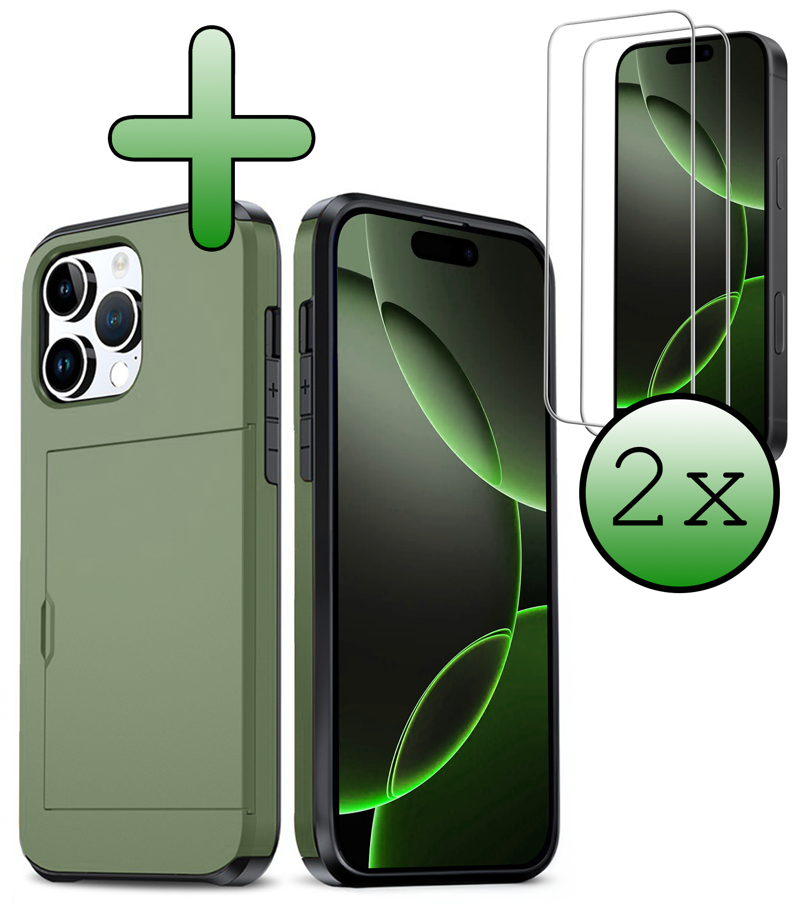 BASEY. Hoes Geschikt voor iPhone 16 Pro Hoesje Hard Case Met Pas Houder Met 2x Screenprotector - Hoesje Geschikt voor iPhone 16 Pro Hoes Shockproof Hard Cover Met Kaarthouder - Donkergroen