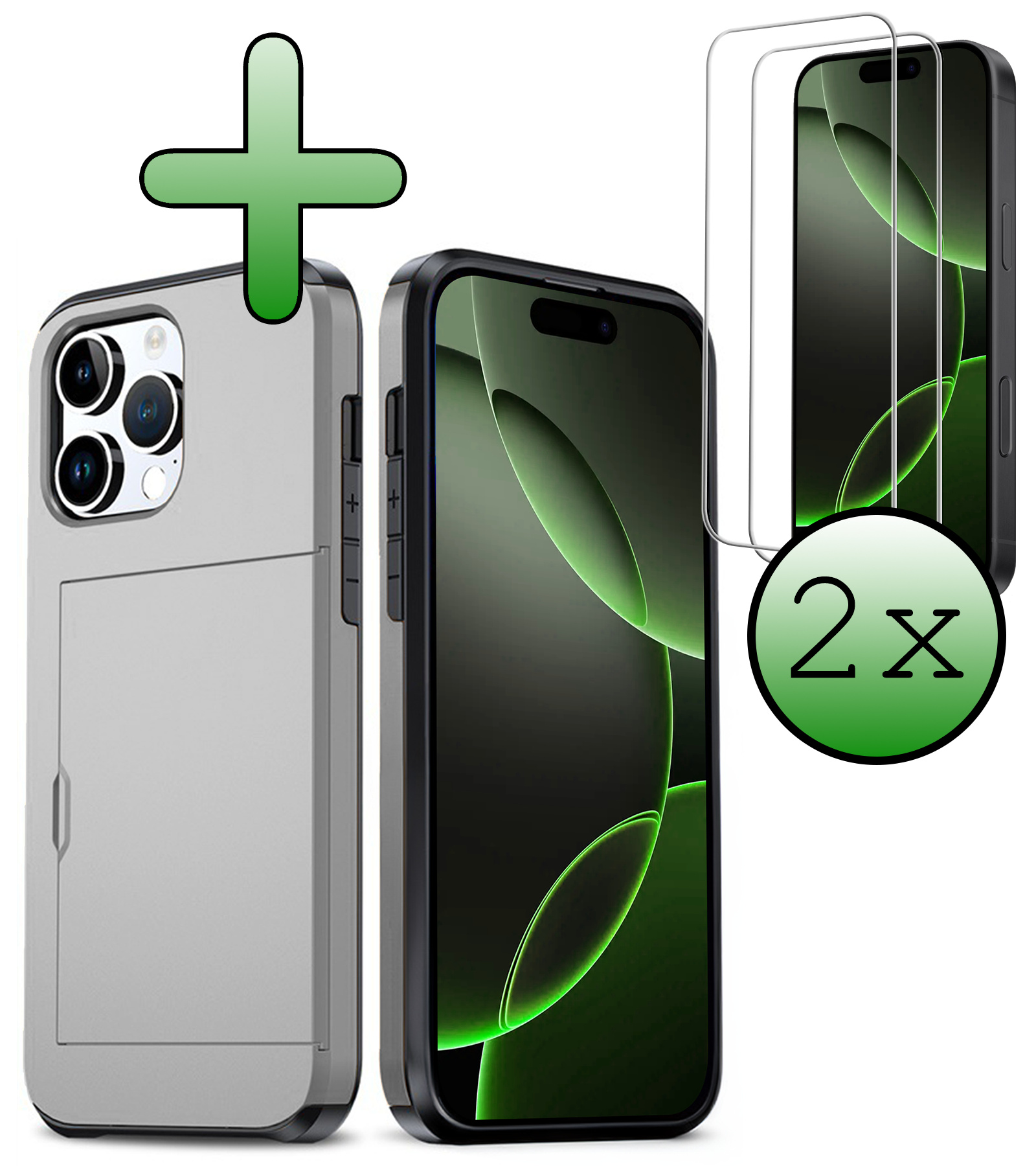 BASEY. Hoes Geschikt voor iPhone 16 Pro Hoesje Hard Case Met Pas Houder Met 2x Screenprotector - Hoesje Geschikt voor iPhone 16 Pro Hoes Shockproof Hard Cover Met Kaarthouder - Grijs