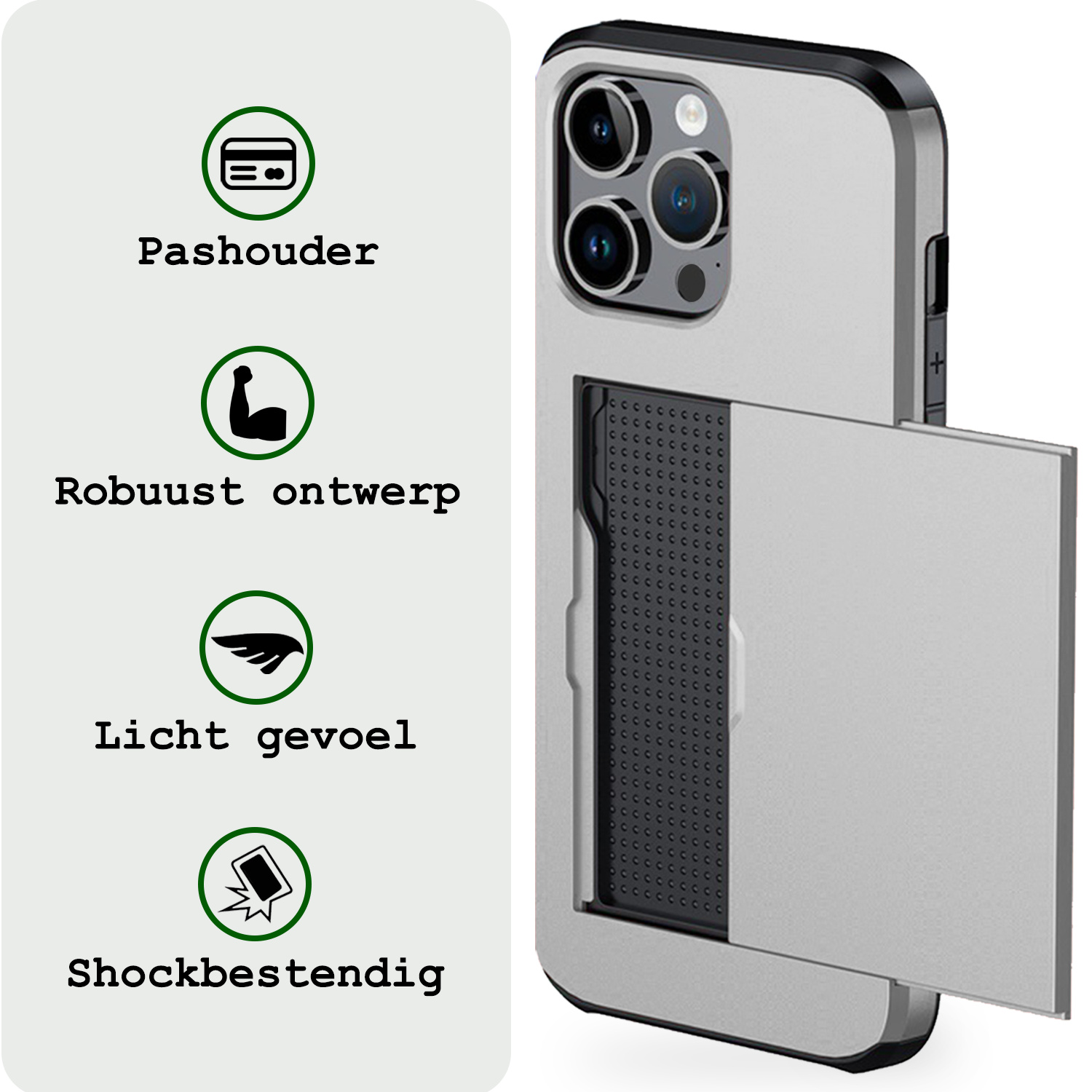BASEY. Hoes Geschikt voor iPhone 16 Pro Hoesje Hard Case Met Pas Houder Met 2x Screenprotector - Hoesje Geschikt voor iPhone 16 Pro Hoes Shockproof Hard Cover Met Kaarthouder - Grijs