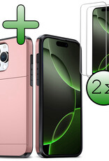 BASEY. Hoes Geschikt voor iPhone 16 Pro Hoesje Hard Case Met Pas Houder Met 2x Screenprotector - Hoesje Geschikt voor iPhone 16 Pro Hoes Shockproof Hard Cover Met Kaarthouder - Rosé goud