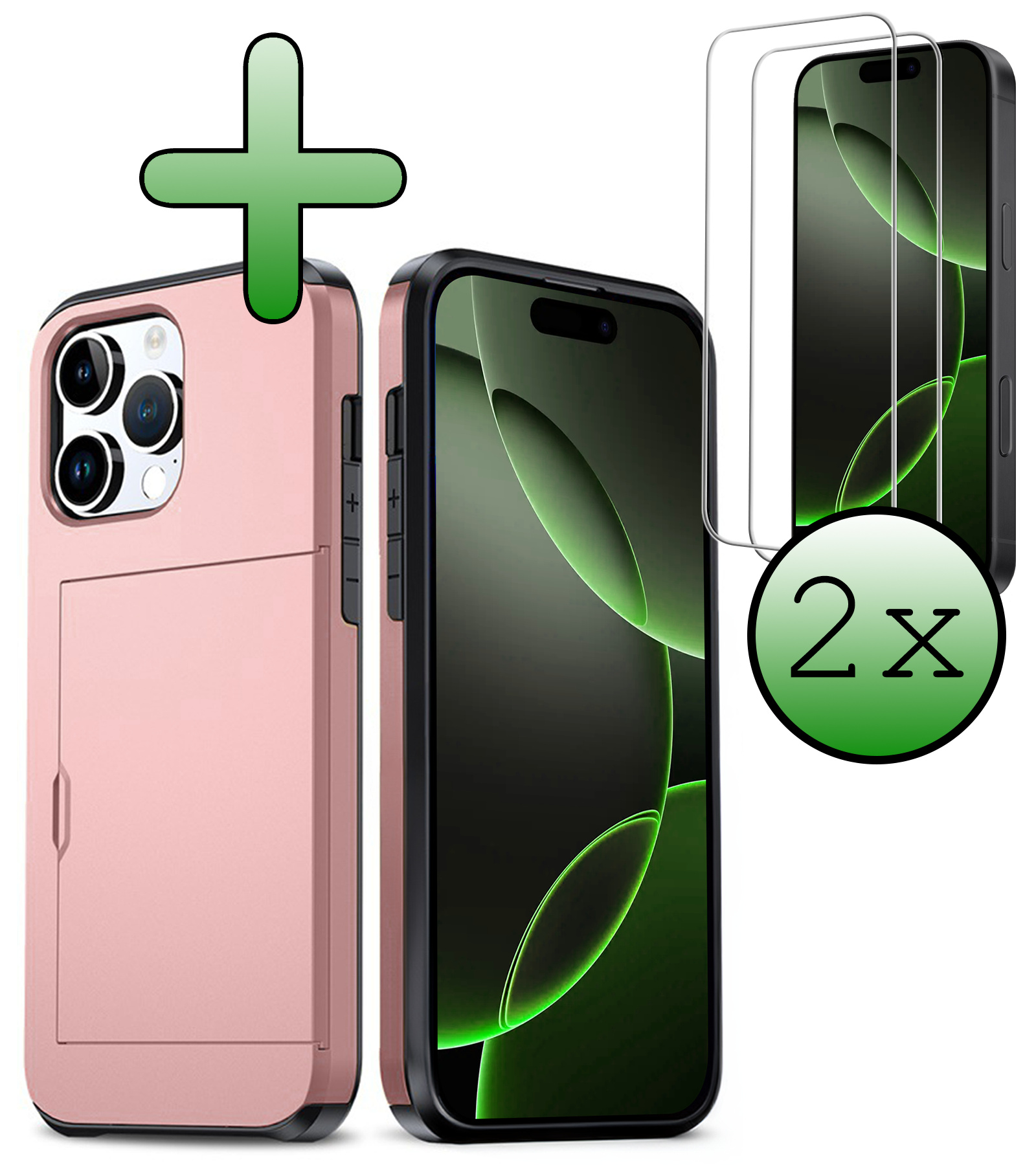 BASEY. Hoes Geschikt voor iPhone 16 Pro Hoesje Hard Case Met Pas Houder Met 2x Screenprotector - Hoesje Geschikt voor iPhone 16 Pro Hoes Shockproof Hard Cover Met Kaarthouder - Rosé goud