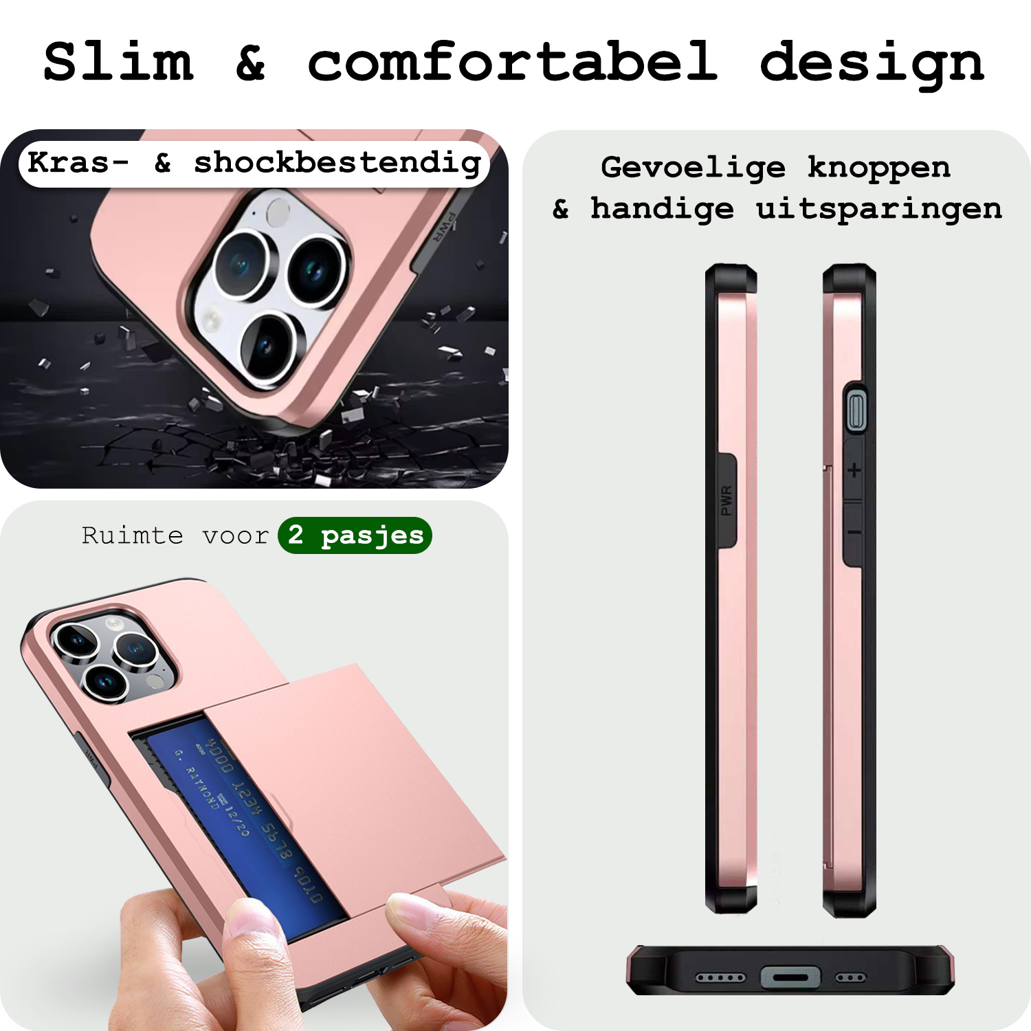 BASEY. Hoes Geschikt voor iPhone 16 Pro Hoesje Hard Case Met Pas Houder Met 2x Screenprotector - Hoesje Geschikt voor iPhone 16 Pro Hoes Shockproof Hard Cover Met Kaarthouder - Rosé goud