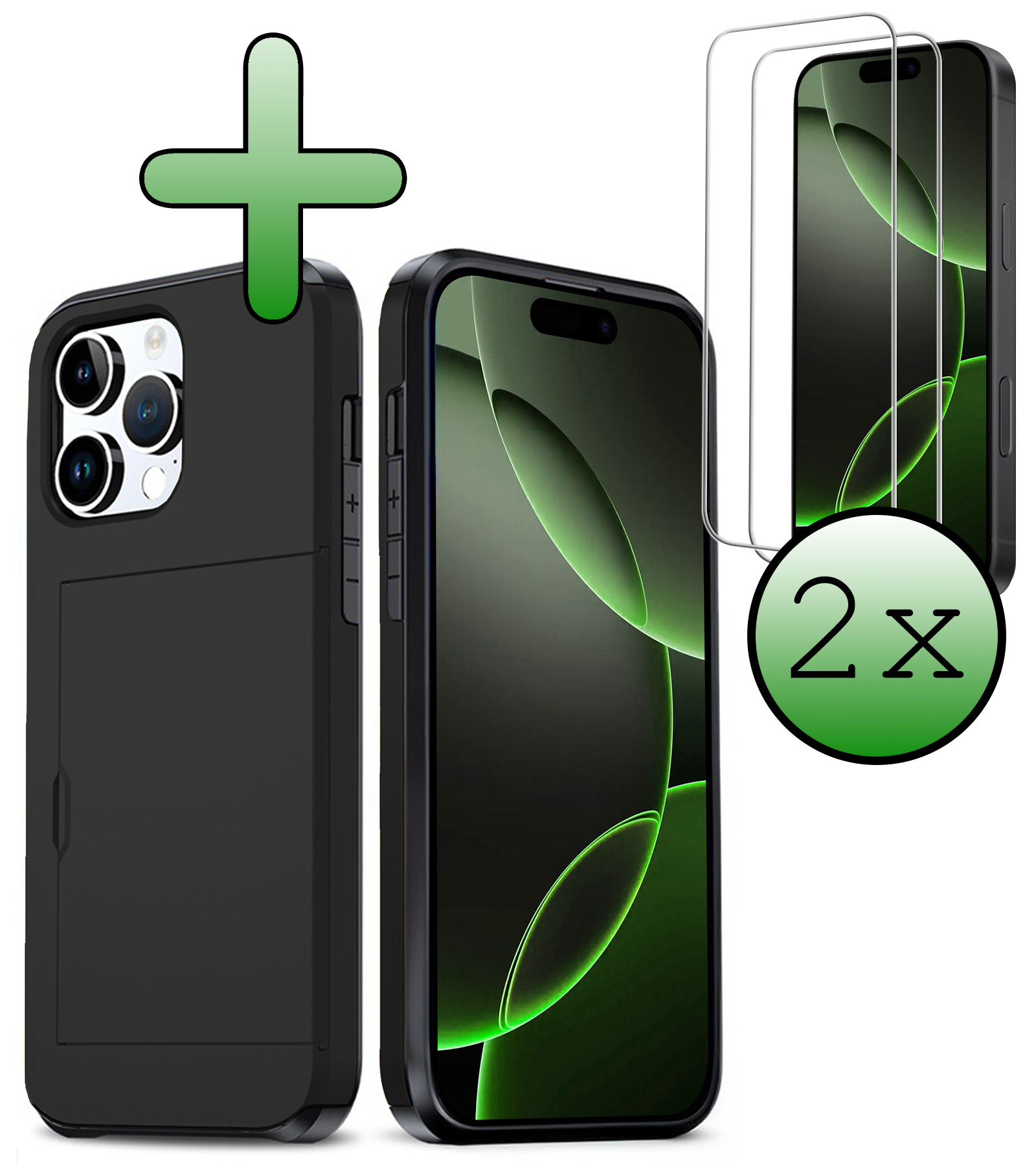 BASEY. Hoes Geschikt voor iPhone 16 Pro Hoesje Hard Case Met Pas Houder Met 2x Screenprotector - Hoesje Geschikt voor iPhone 16 Pro Hoes Shockproof Hard Cover Met Kaarthouder - Zwart