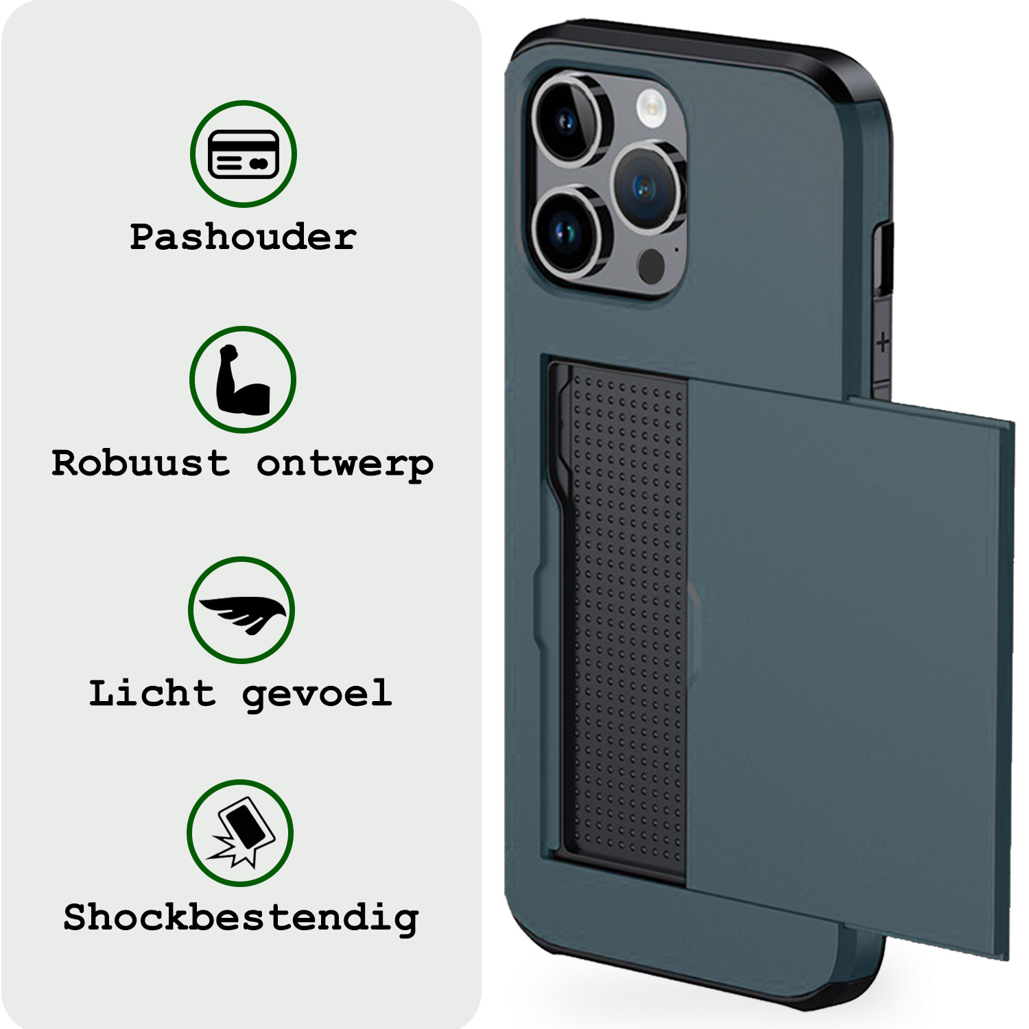 BASEY. Hoes Geschikt voor iPhone 16 Pro Max Hoesje Hard Case Met Pas Houder Met Screenprotector - Hoesje Geschikt voor iPhone 16 Pro Max Hoes Shockproof Hard Cover Met Kaarthouder - Donkerblauw