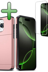 BASEY. Hoes Geschikt voor iPhone 16 Pro Max Hoesje Hard Case Met Pas Houder Met Screenprotector - Hoesje Geschikt voor iPhone 16 Pro Max Hoes Shockproof Hard Cover Met Kaarthouder - Rosé goud