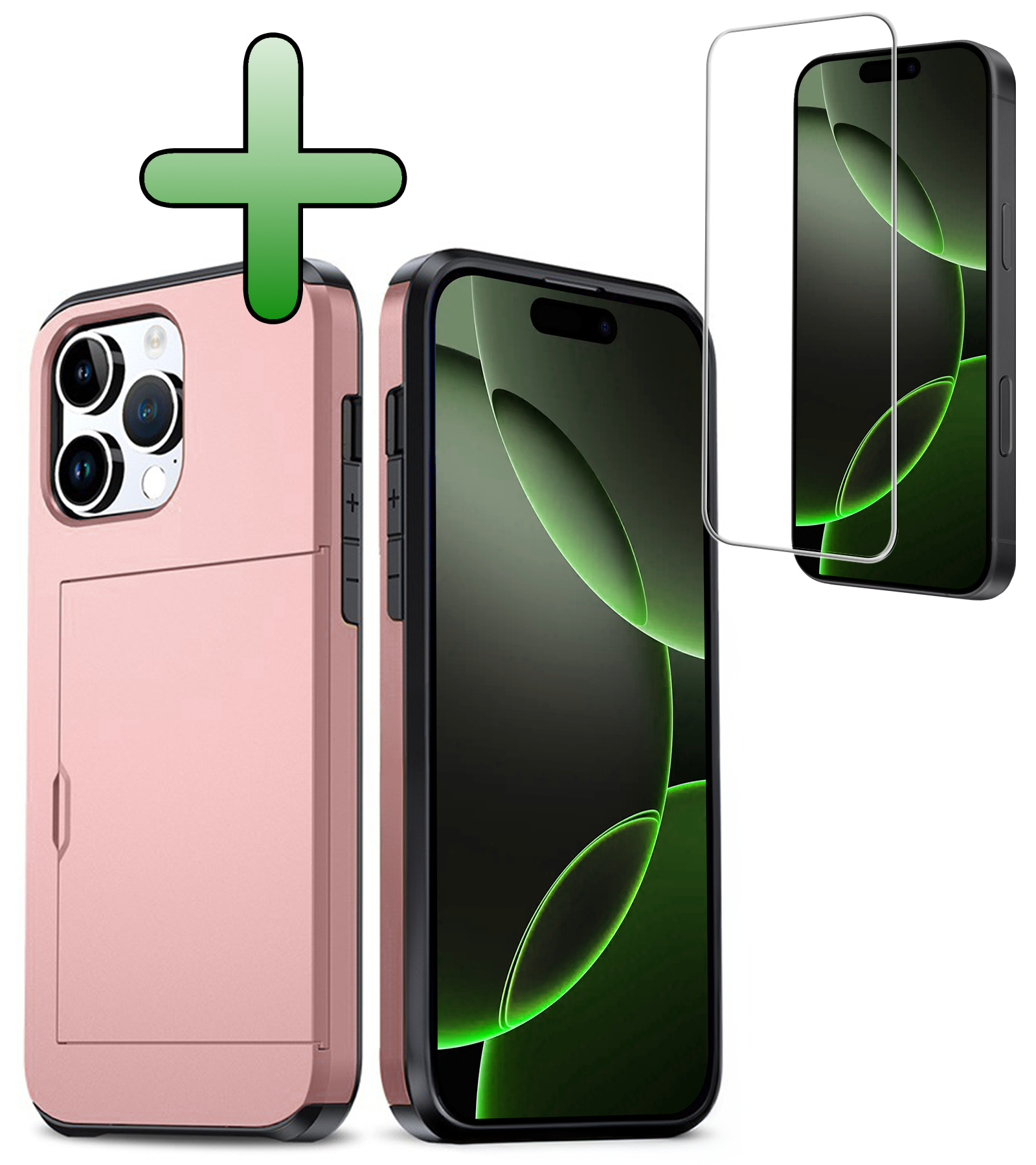 BASEY. Hoes Geschikt voor iPhone 16 Pro Max Hoesje Hard Case Met Pas Houder Met Screenprotector - Hoesje Geschikt voor iPhone 16 Pro Max Hoes Shockproof Hard Cover Met Kaarthouder - Rosé goud