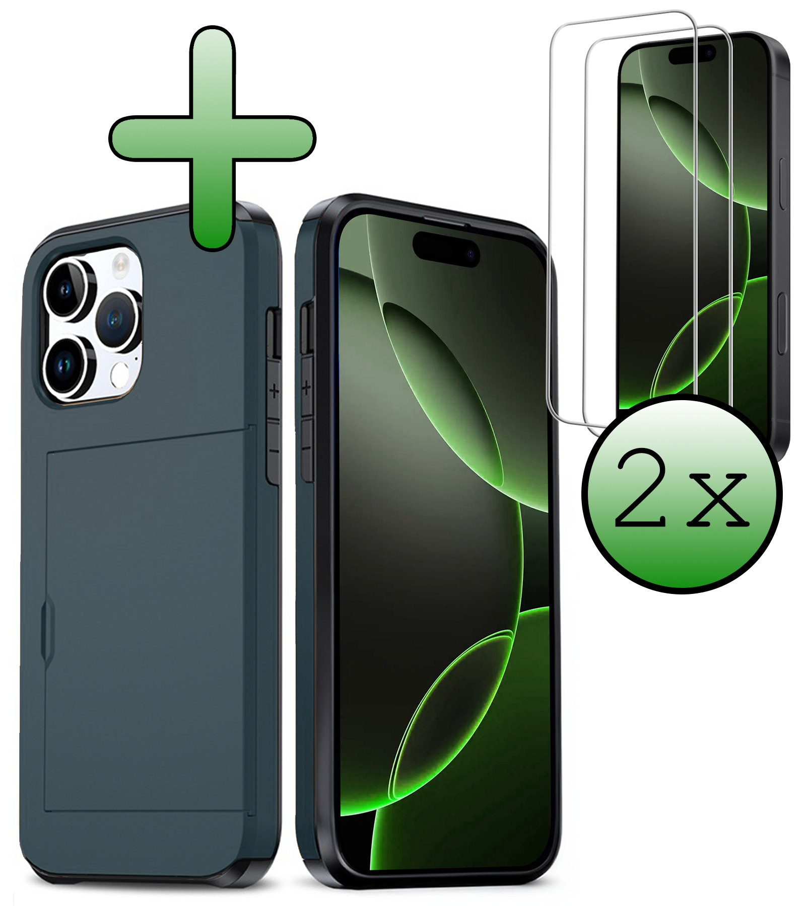 BASEY. Hoes Geschikt voor iPhone 16 Pro Max Hoesje Hard Case Met Pas Houder Met 2x Screenprotector - Hoesje Geschikt voor iPhone 16 Pro Max Hoes Shockproof Hard Cover Met Kaarthouder - Donkerblauw