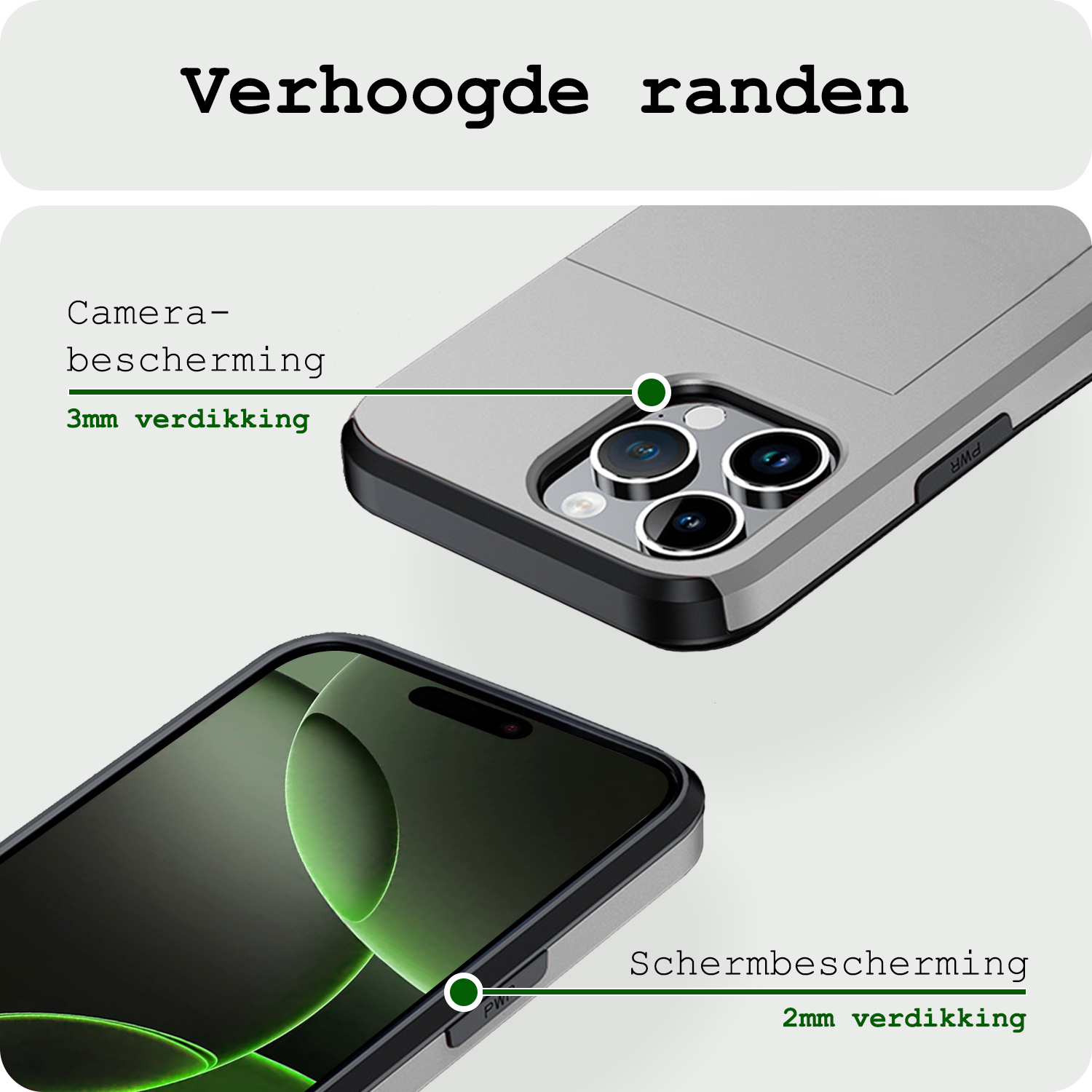 BASEY. Hoes Geschikt voor iPhone 16 Pro Max Hoesje Hard Case Met Pas Houder Met 2x Screenprotector - Hoesje Geschikt voor iPhone 16 Pro Max Hoes Shockproof Hard Cover Met Kaarthouder - Grijs