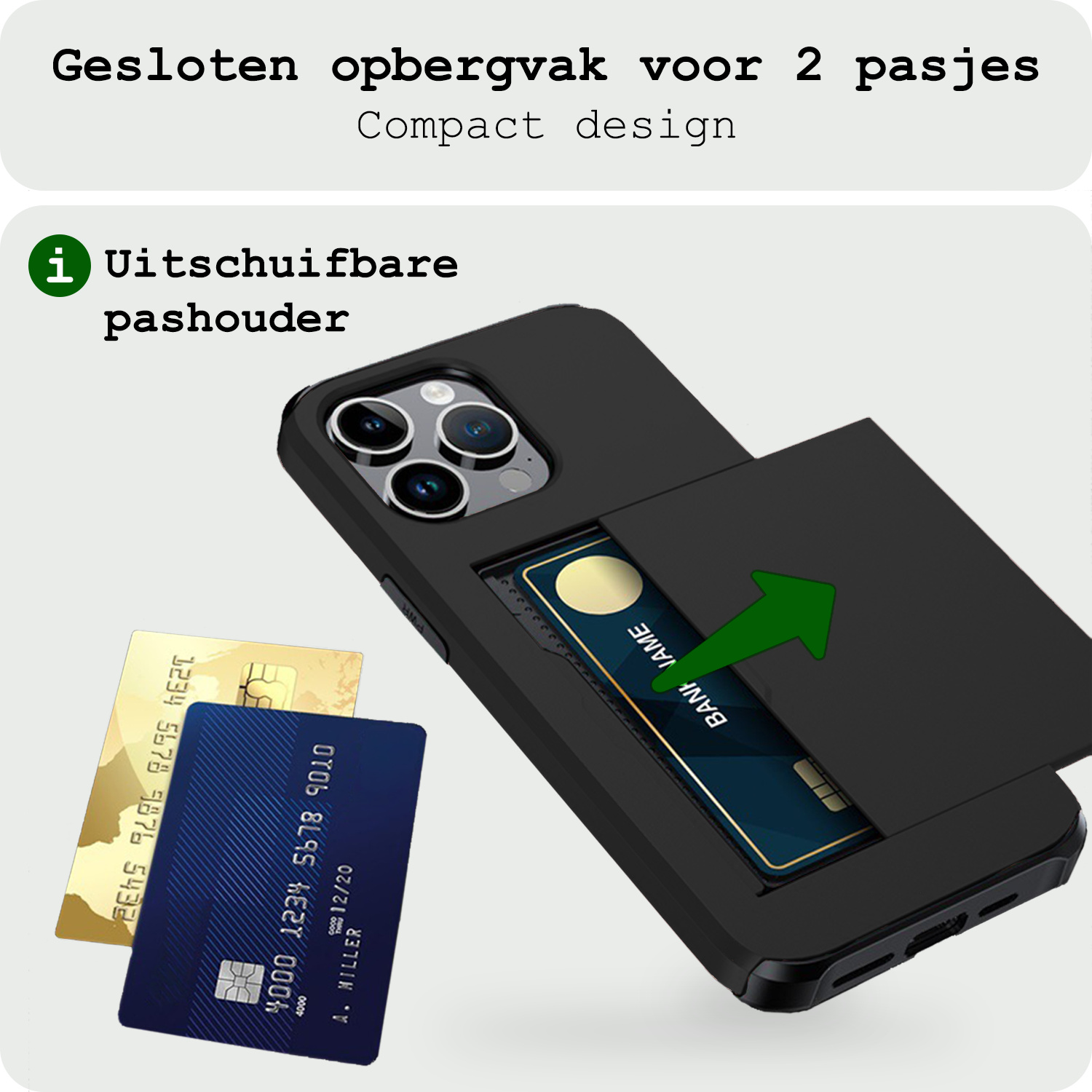 BASEY. Hoes Geschikt voor iPhone 16 Pro Max Hoesje Hard Case Met Pas Houder Met 2x Screenprotector - Hoesje Geschikt voor iPhone 16 Pro Max Hoes Shockproof Hard Cover Met Kaarthouder - Zwart